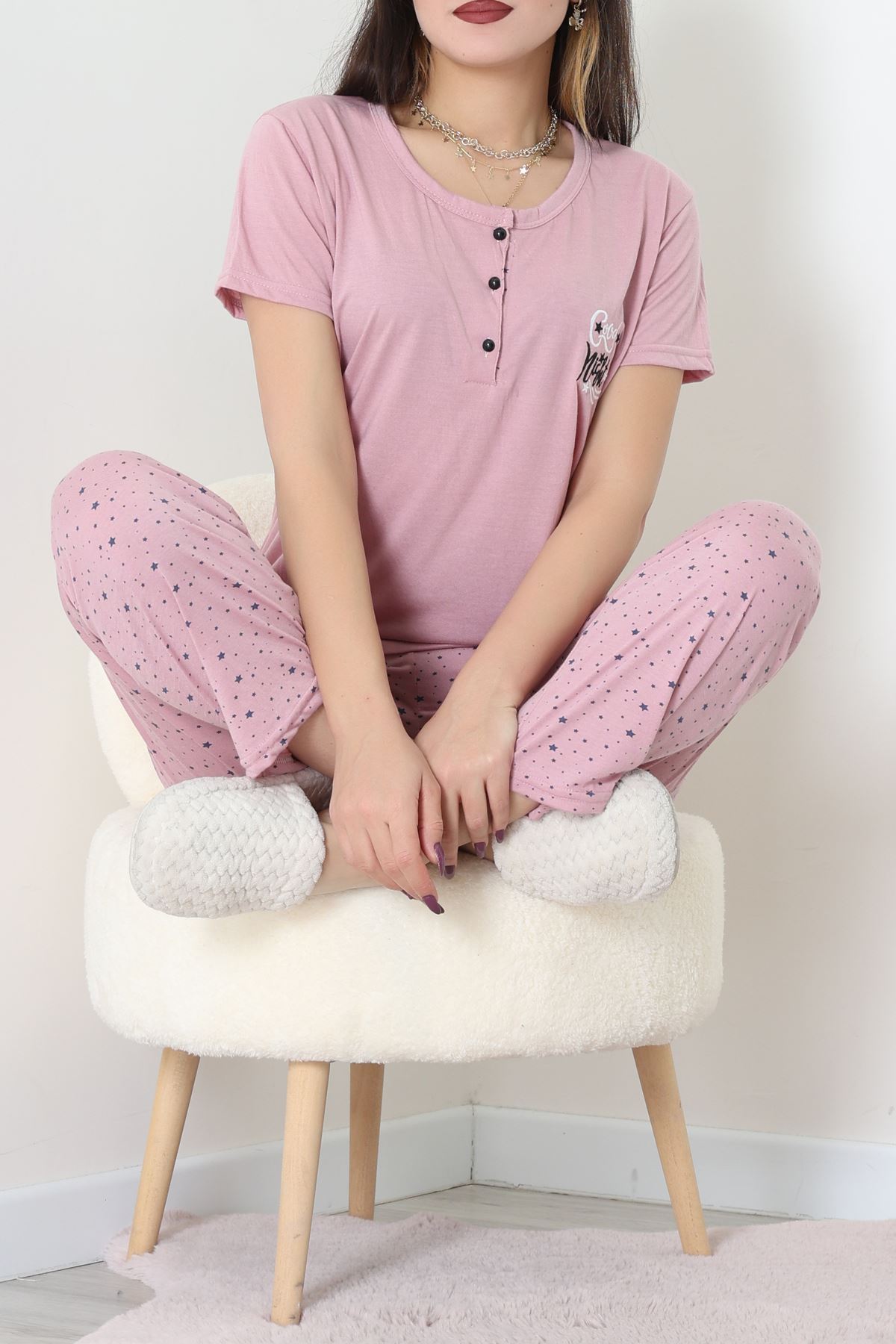 Viskon Kumaş Kısa Kol Pijama Takımı Pembe - 31859.2123.