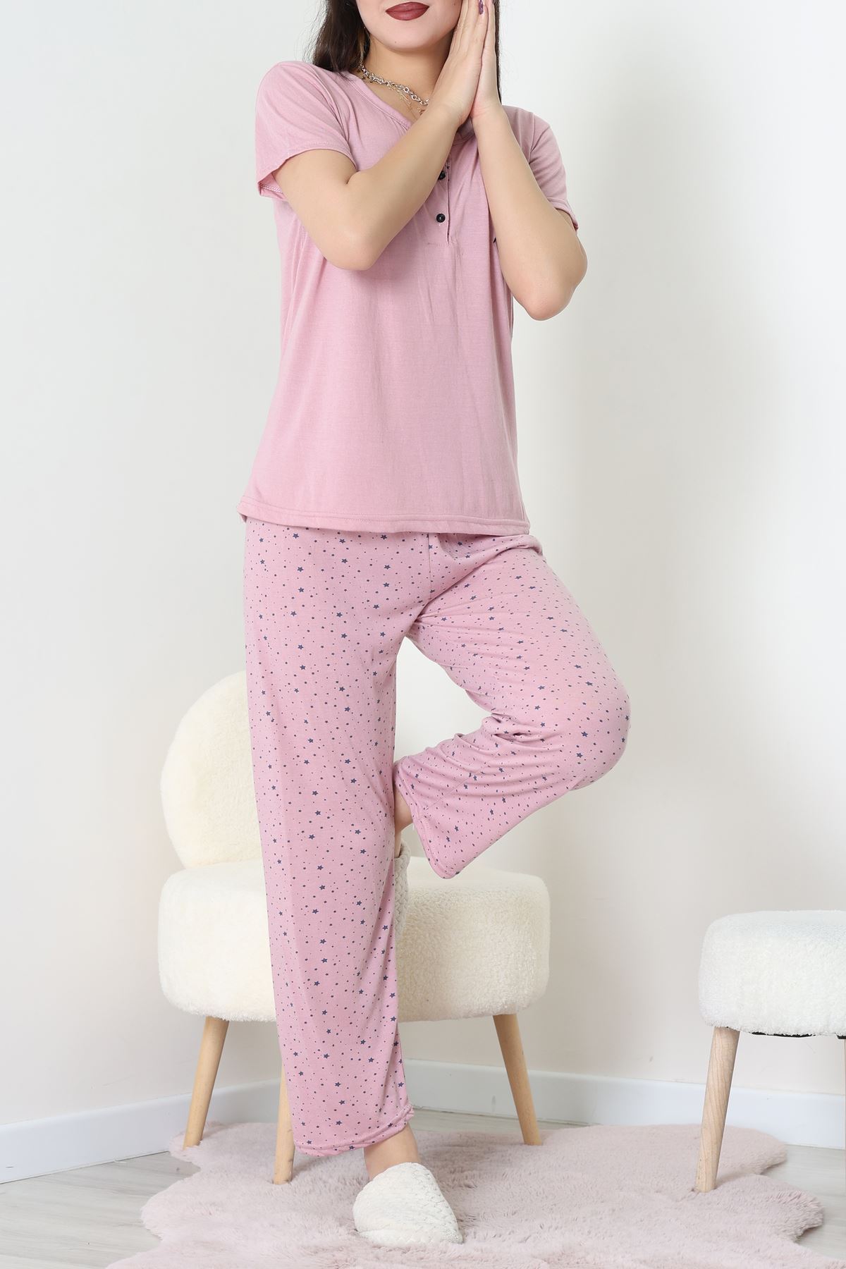 Viskon Kumaş Kısa Kol Pijama Takımı Pembe - 31859.2123.