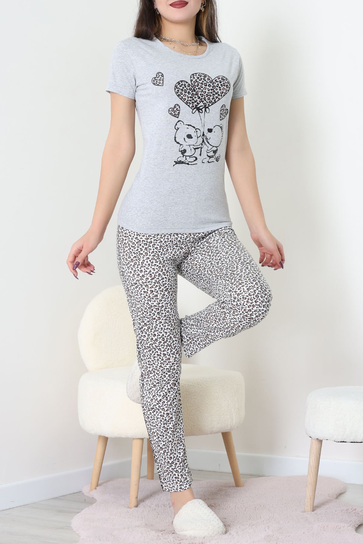 Süprem Kumaş Kısa Kollu Pijama Takımı Gri - 31860.2123.