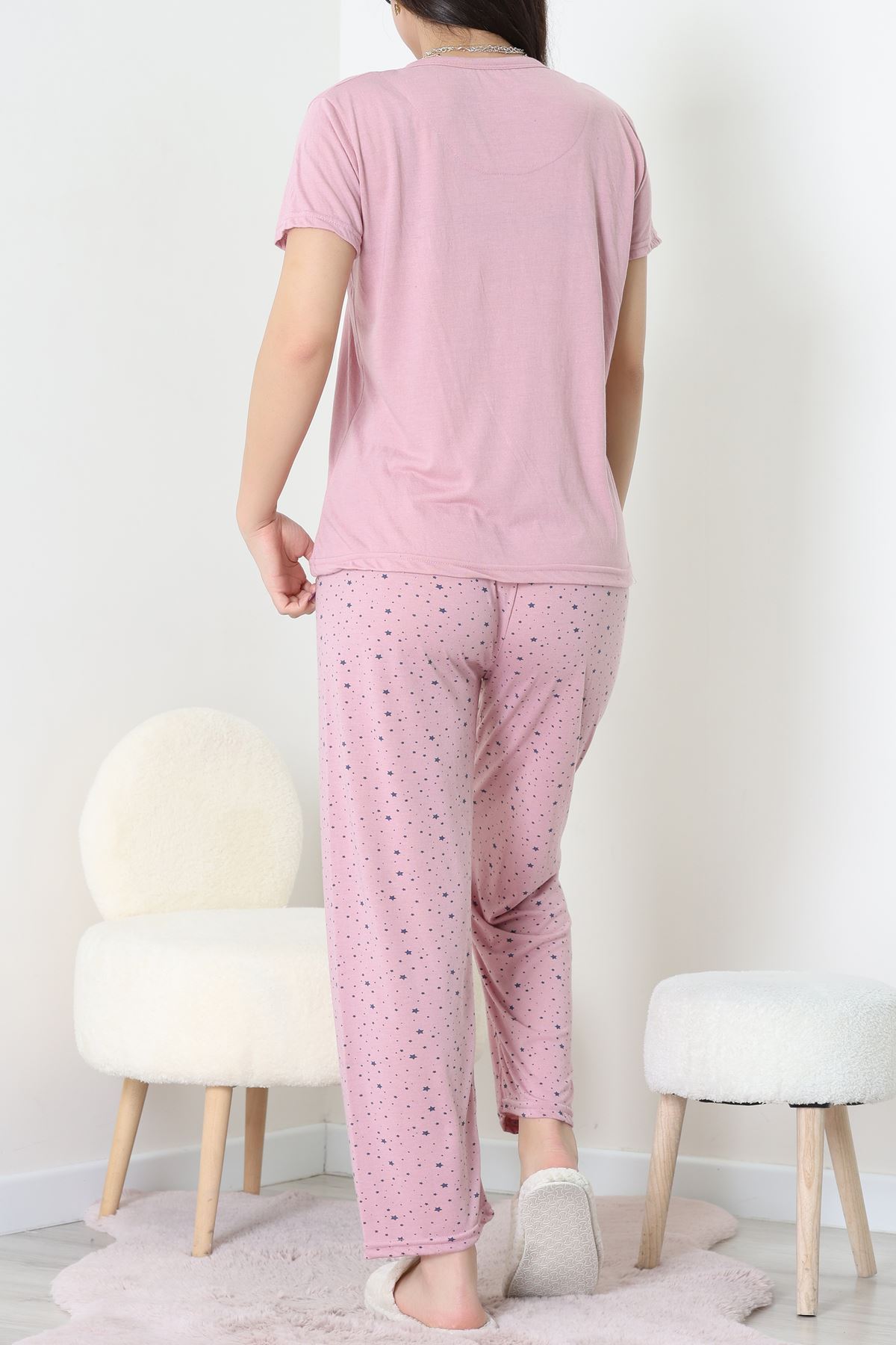 Viskon Kumaş Kısa Kol Pijama Takımı Pembe - 31859.2123.