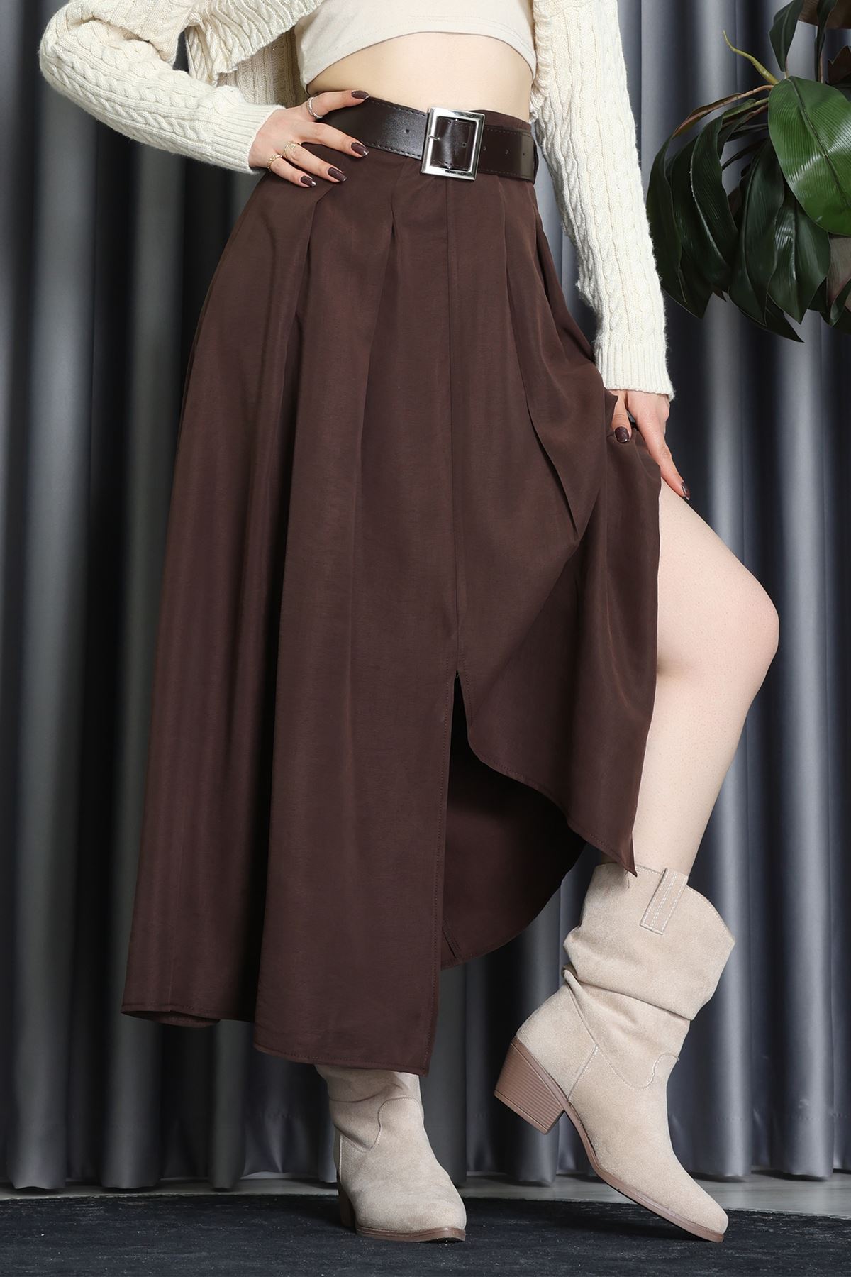 Pileli Kemerli Midi Etek Kahve - 70999.1934.