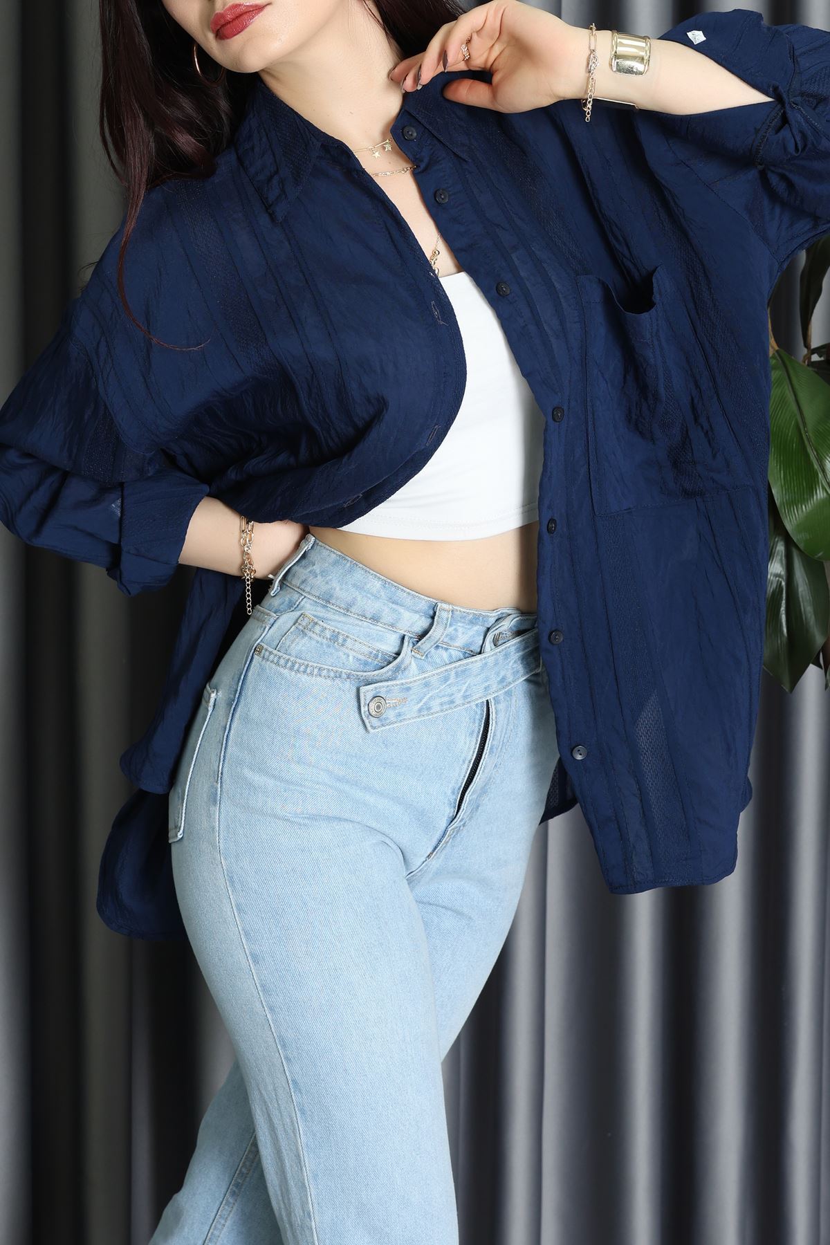 Geniş Çizgili Buklet Oversize Gömlek Laci - 70995.1934.