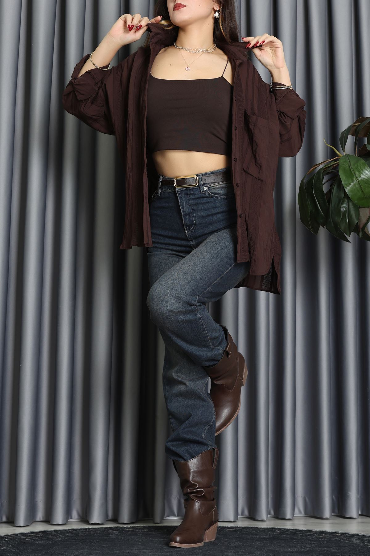 Geniş Çizgili Buklet Oversize Gömlek Kahve - 70995.1934.