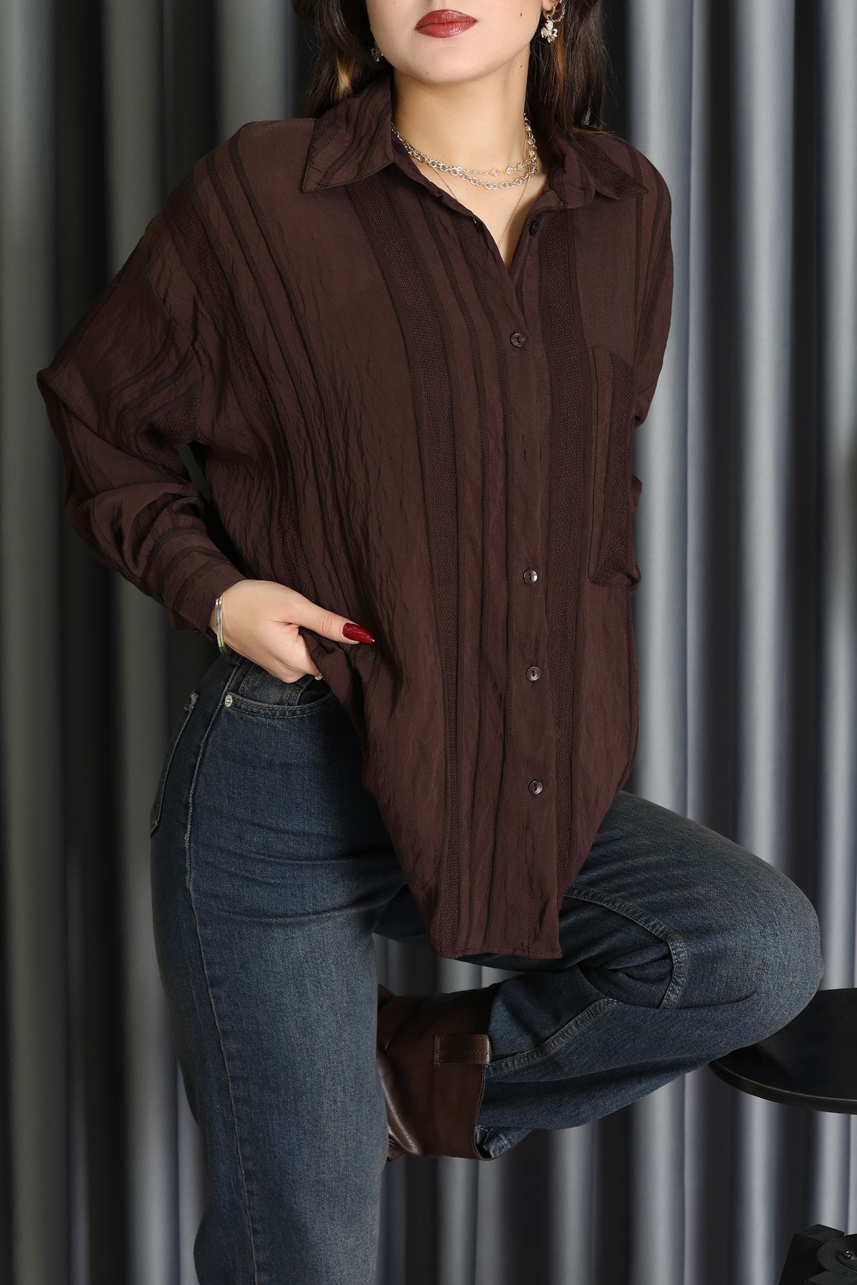 Geniş Çizgili Buklet Oversize Gömlek Kahve - 70995.1934.