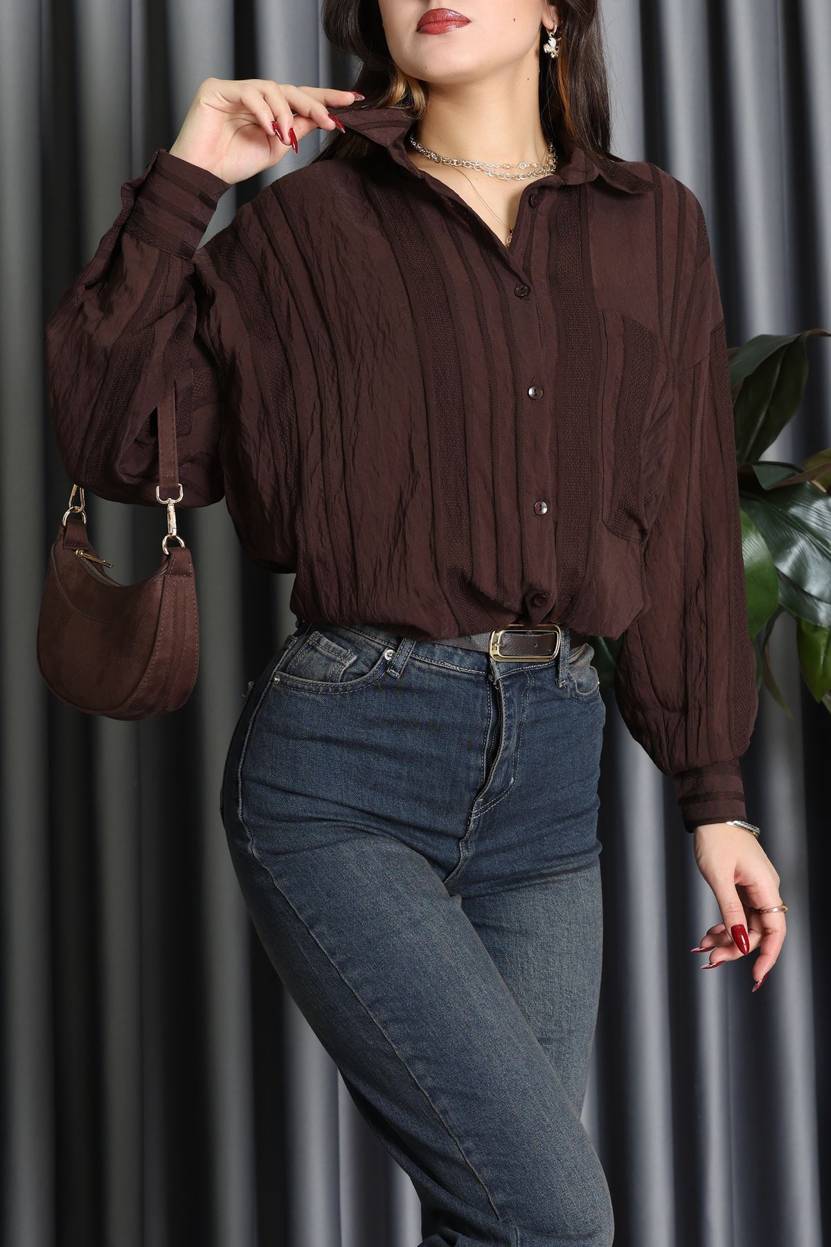 Geniş Çizgili Buklet Oversize Gömlek Kahve - 70995.1934.