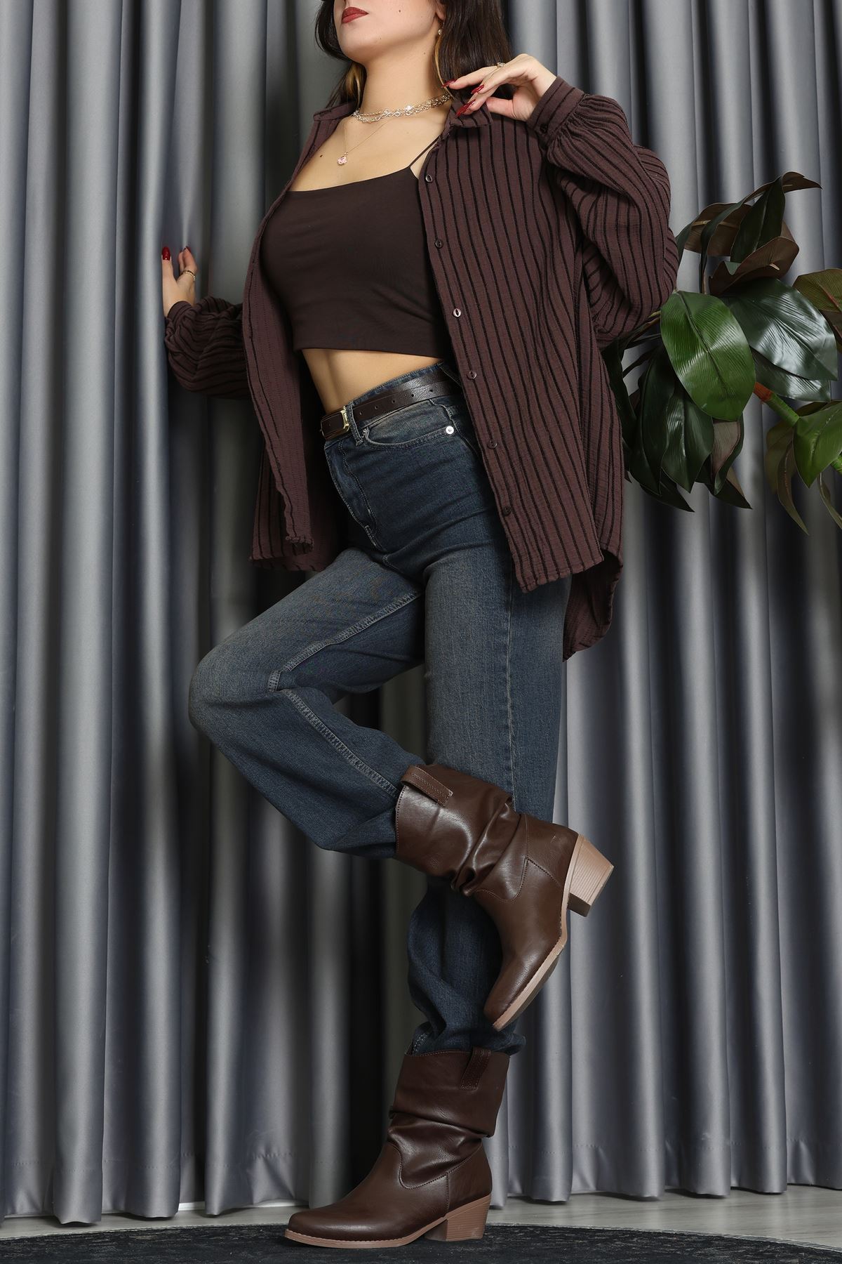 Armürlü Müslin Oversize Gömlek Kahve - 70994.1934.