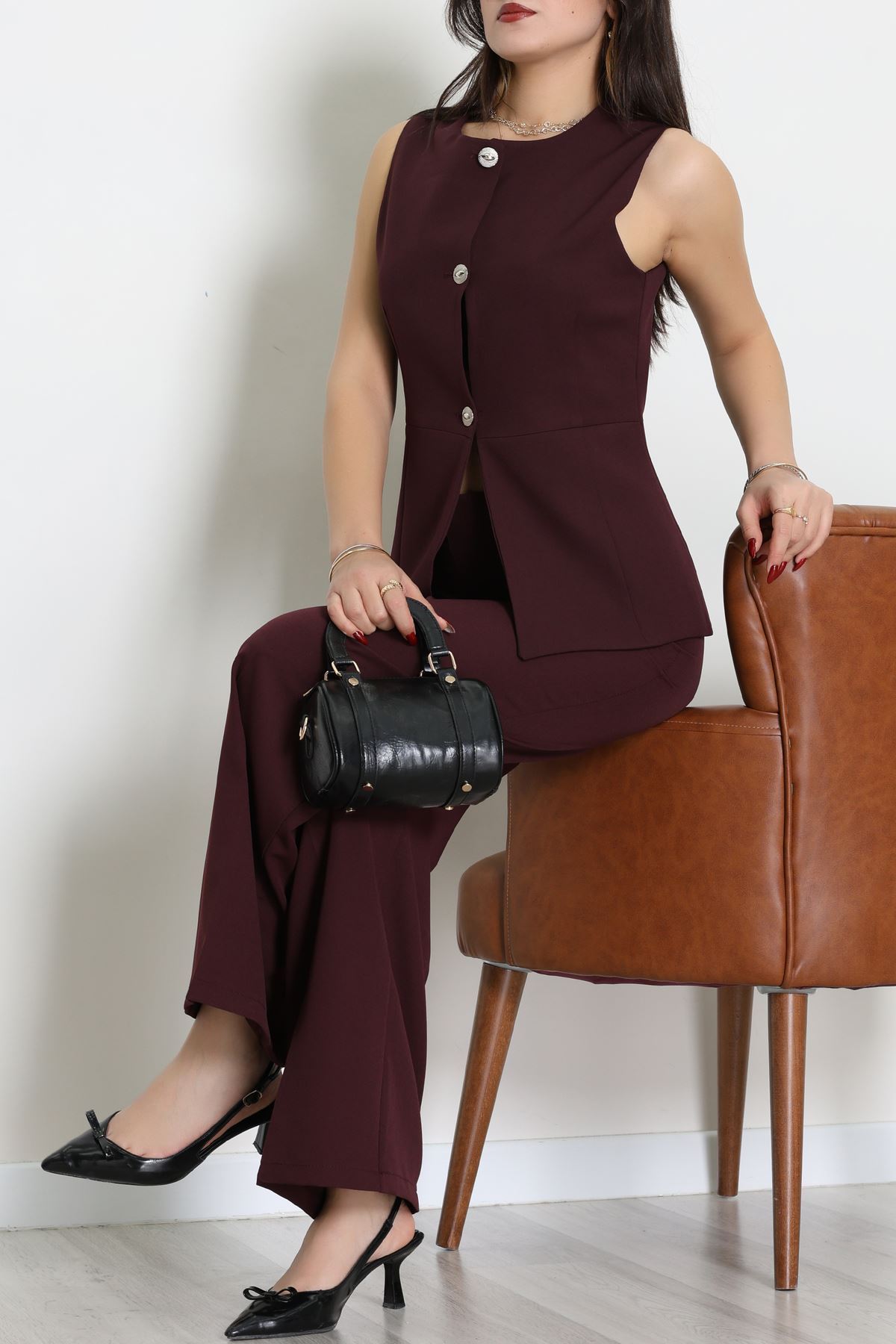 Düğmeli Dabıl İkili Takım Mürdüm - 55039.1991.