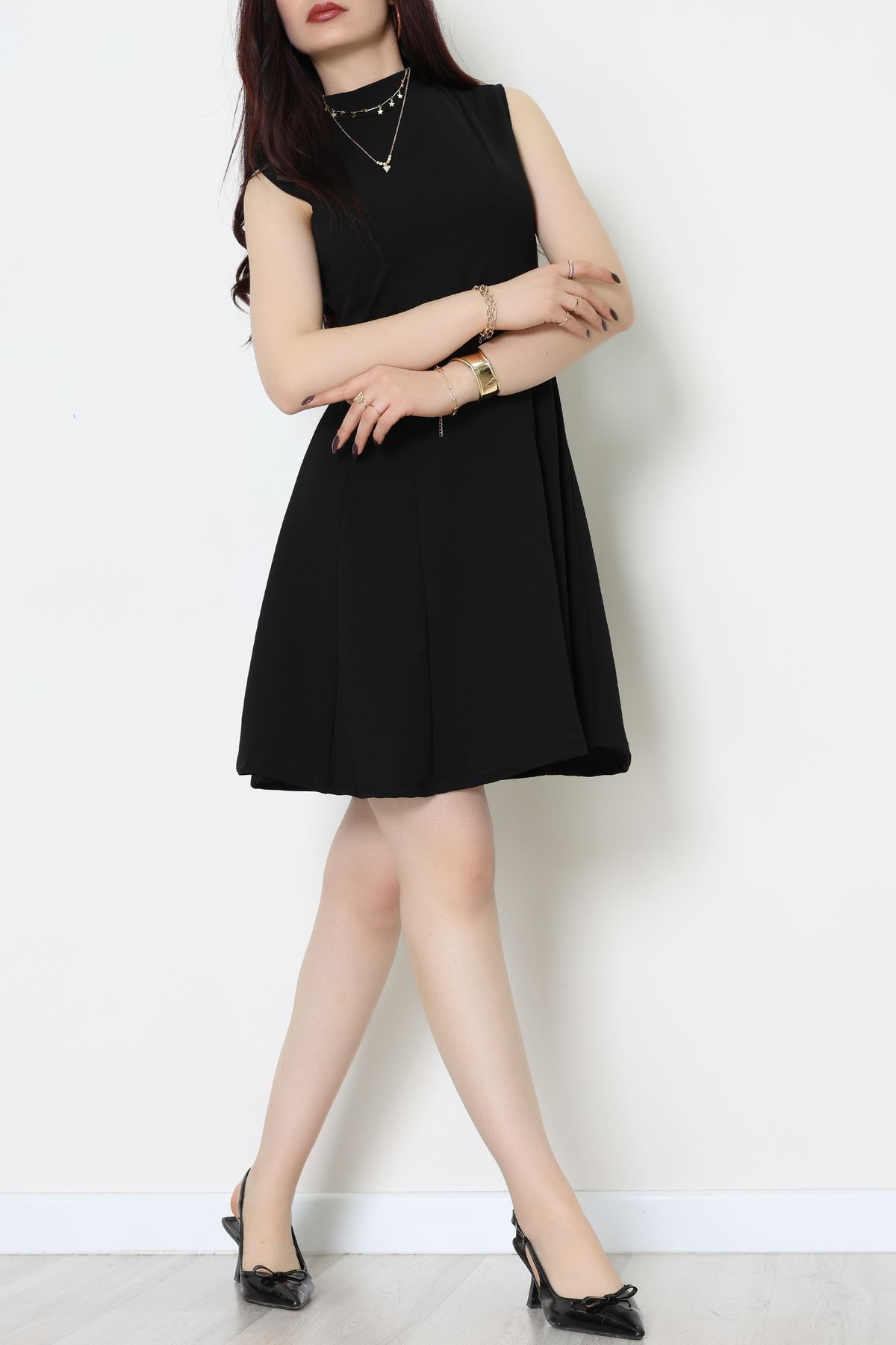 Dik Yaka İthal Krep 11 Parça Mini Elbise Siyah - 70816.1592.