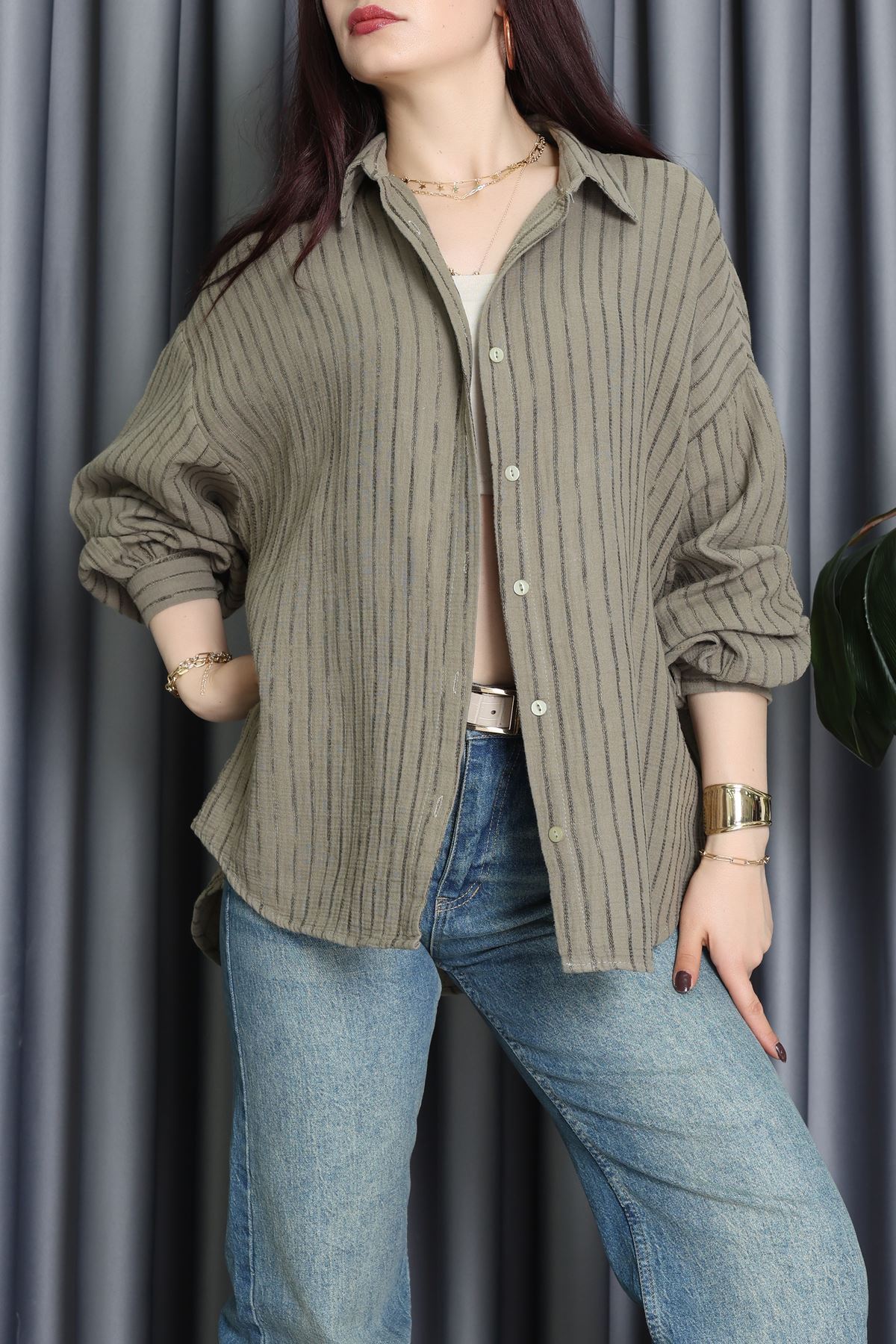 Armürlü Müslin Oversize Gömlek Haki - 70994.1934.