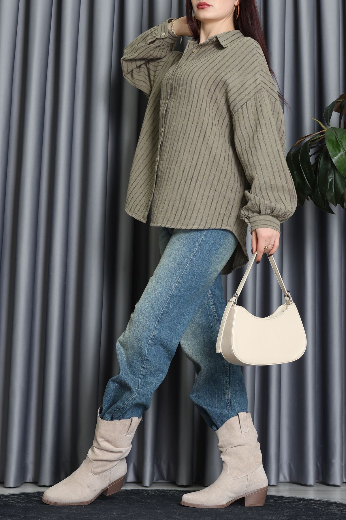 Armürlü Müslin Oversize Gömlek Haki - 70994.1934.