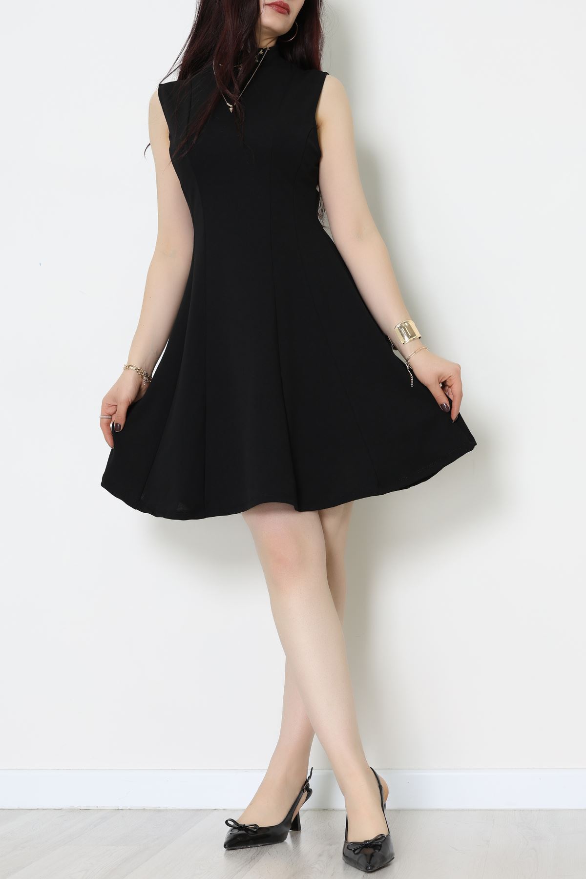 Dik Yaka İthal Krep 11 Parça Mini Elbise Siyah - 70816.1592.