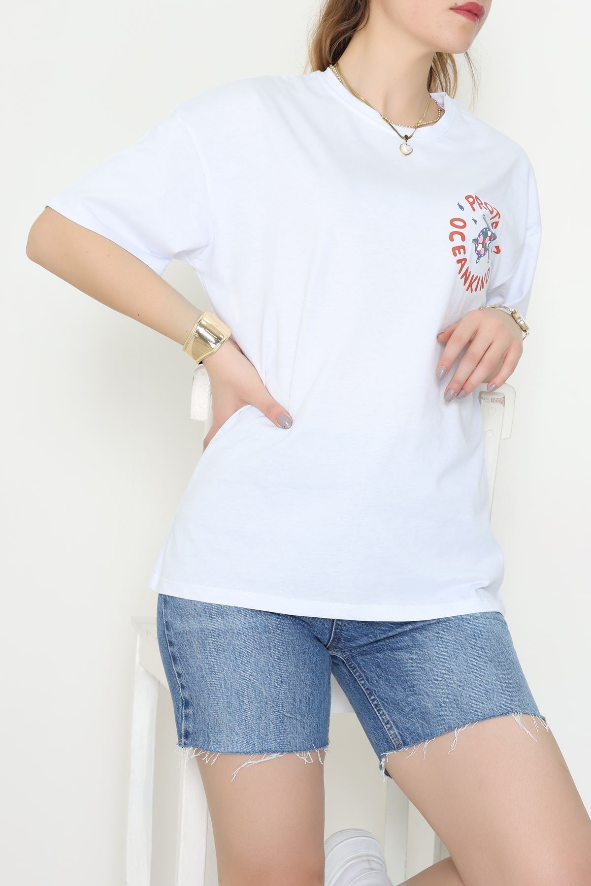 Kompakt Penye Unisex Tişört Beyazyeşil - 55064.1872.