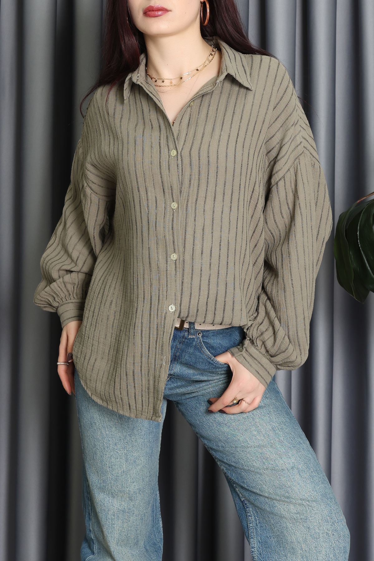 Armürlü Müslin Oversize Gömlek Haki - 70994.1934.