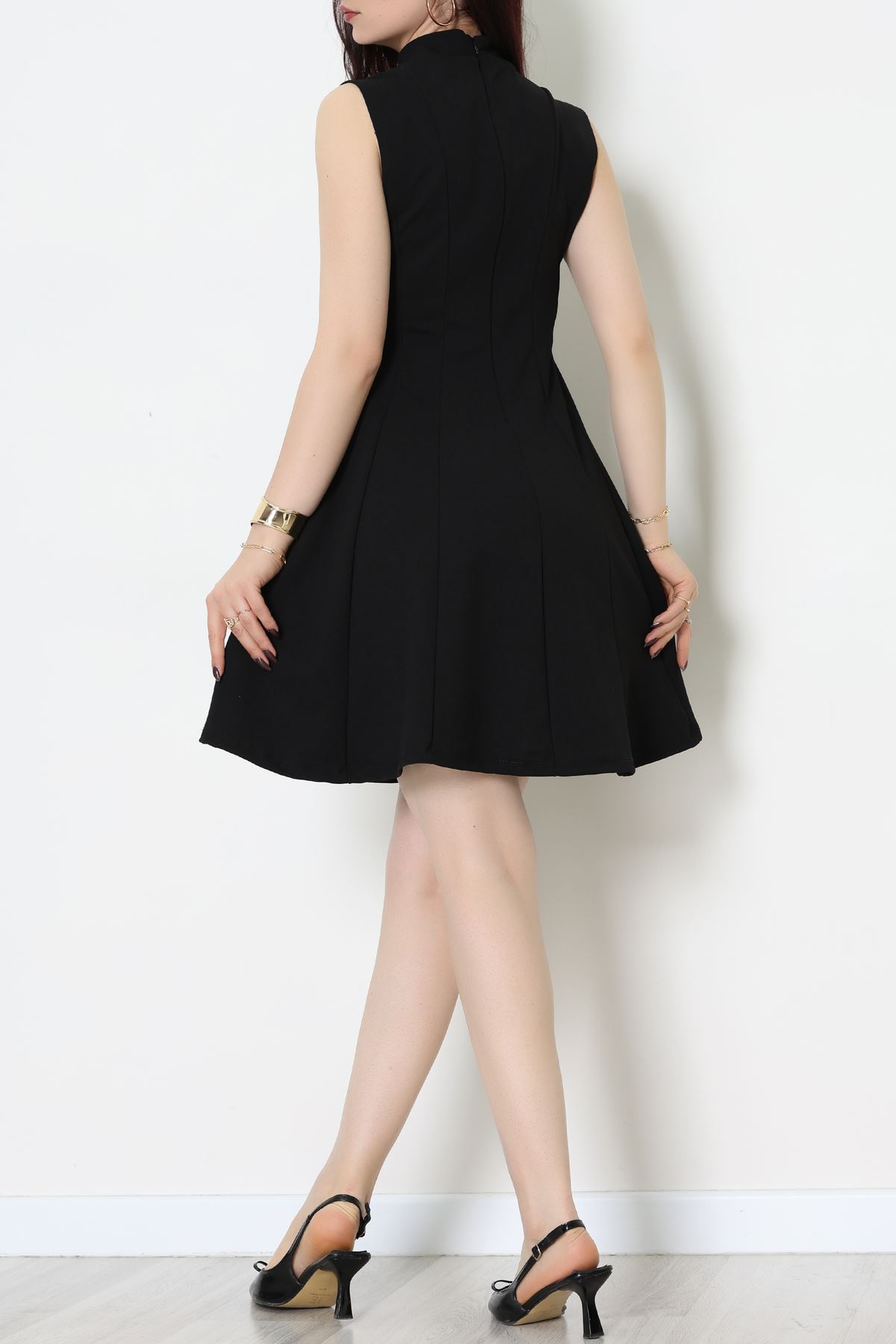 Dik Yaka İthal Krep 11 Parça Mini Elbise Siyah - 70816.1592.