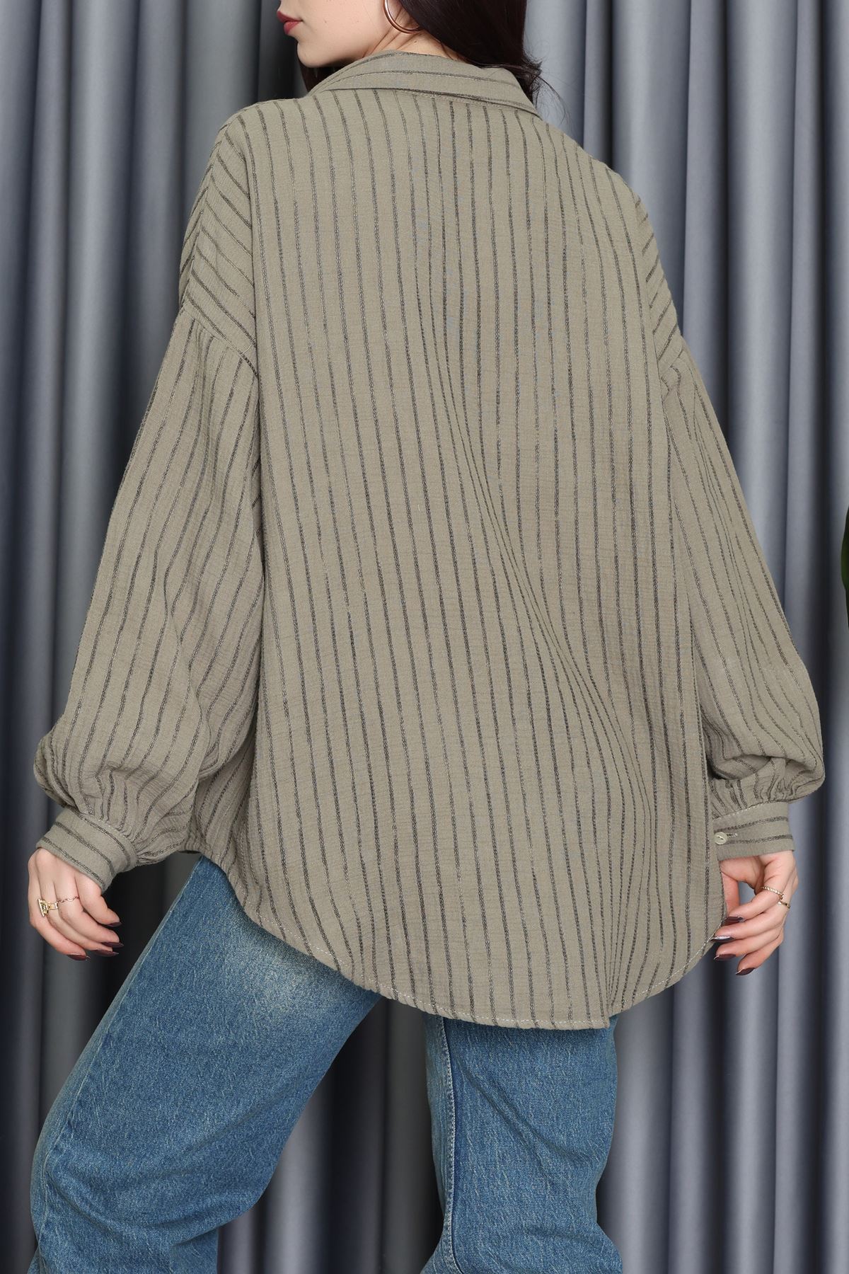 Armürlü Müslin Oversize Gömlek Haki - 70994.1934.