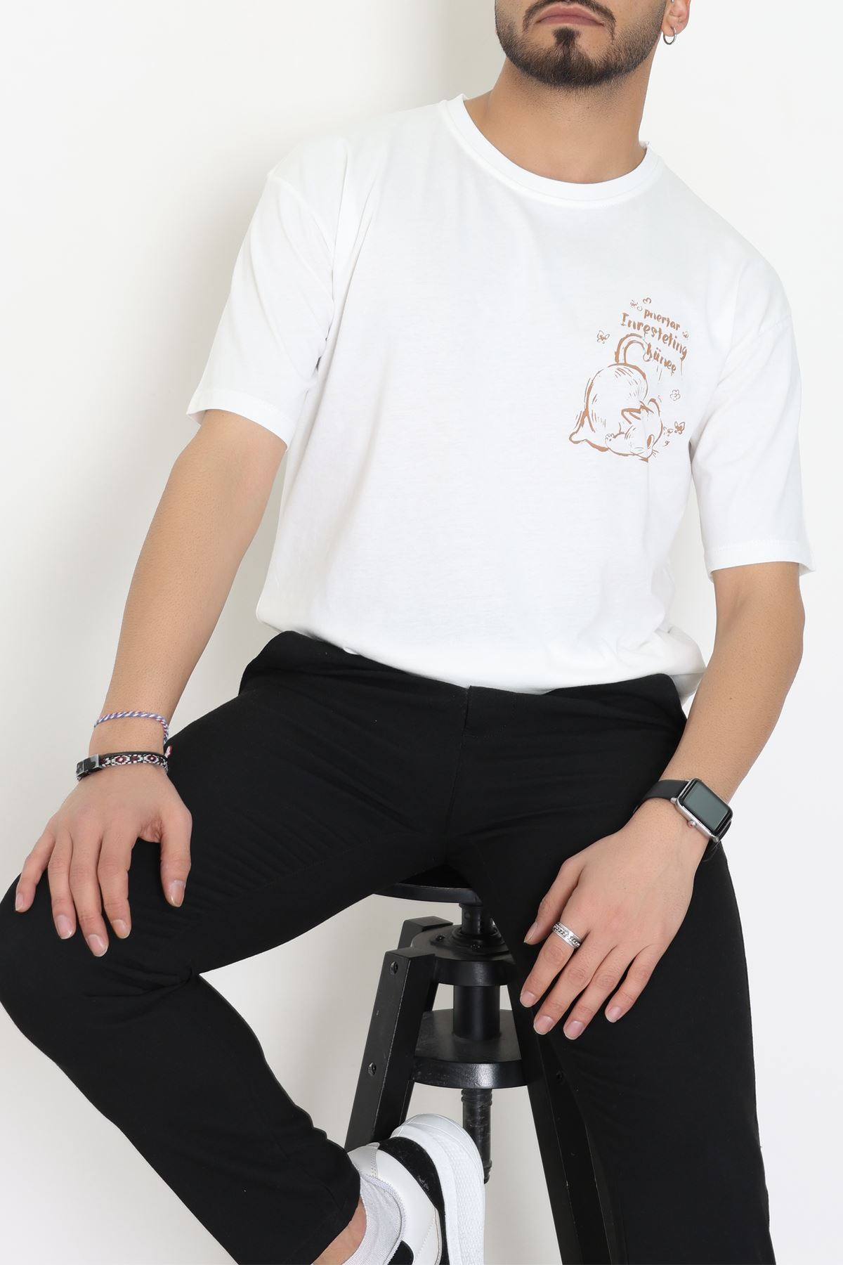 Kompakt Penye Unisex Tişört Beyazkahve - 55064.1872.