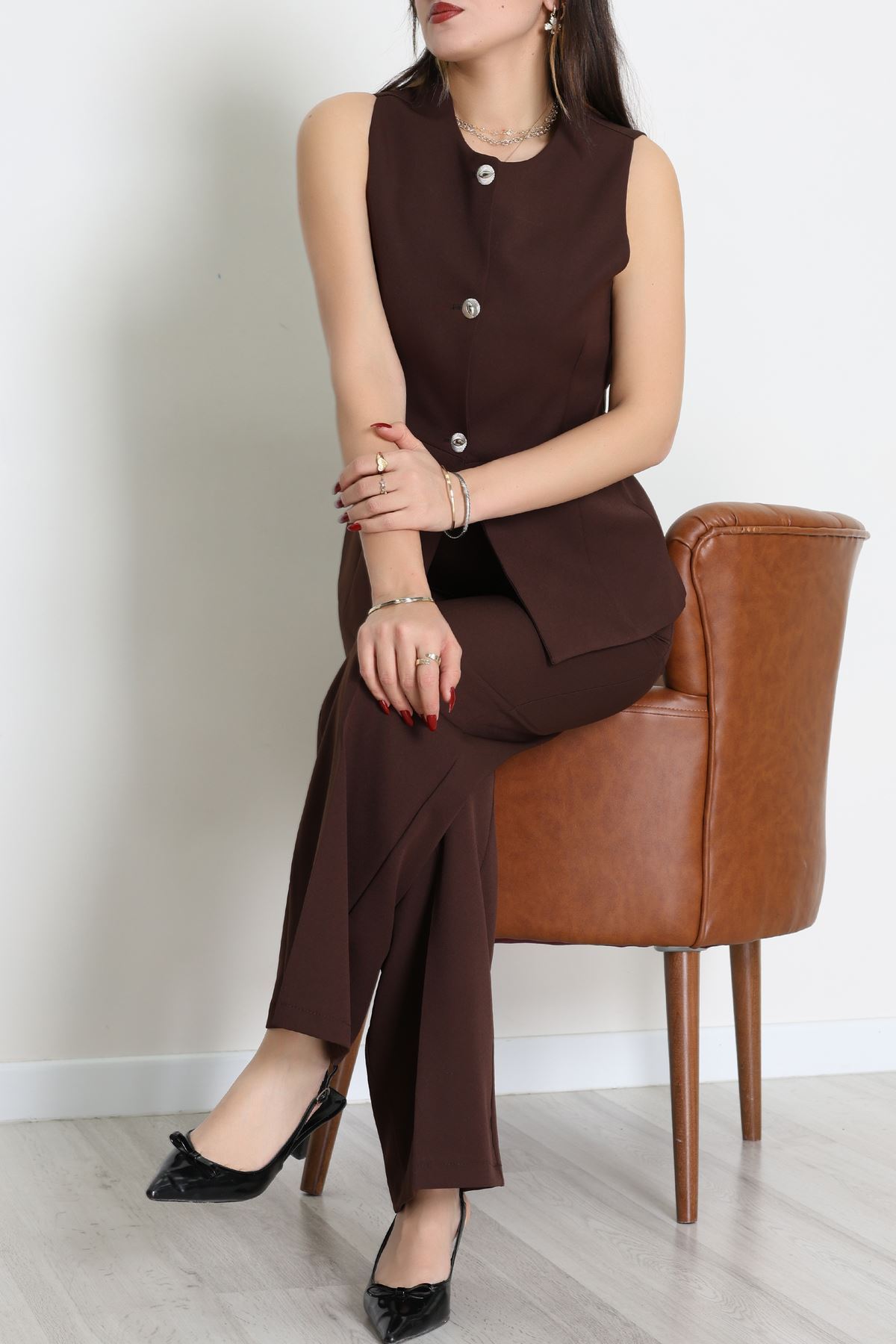 Düğmeli Dabıl İkili Takım Kahve - 55039.1991.