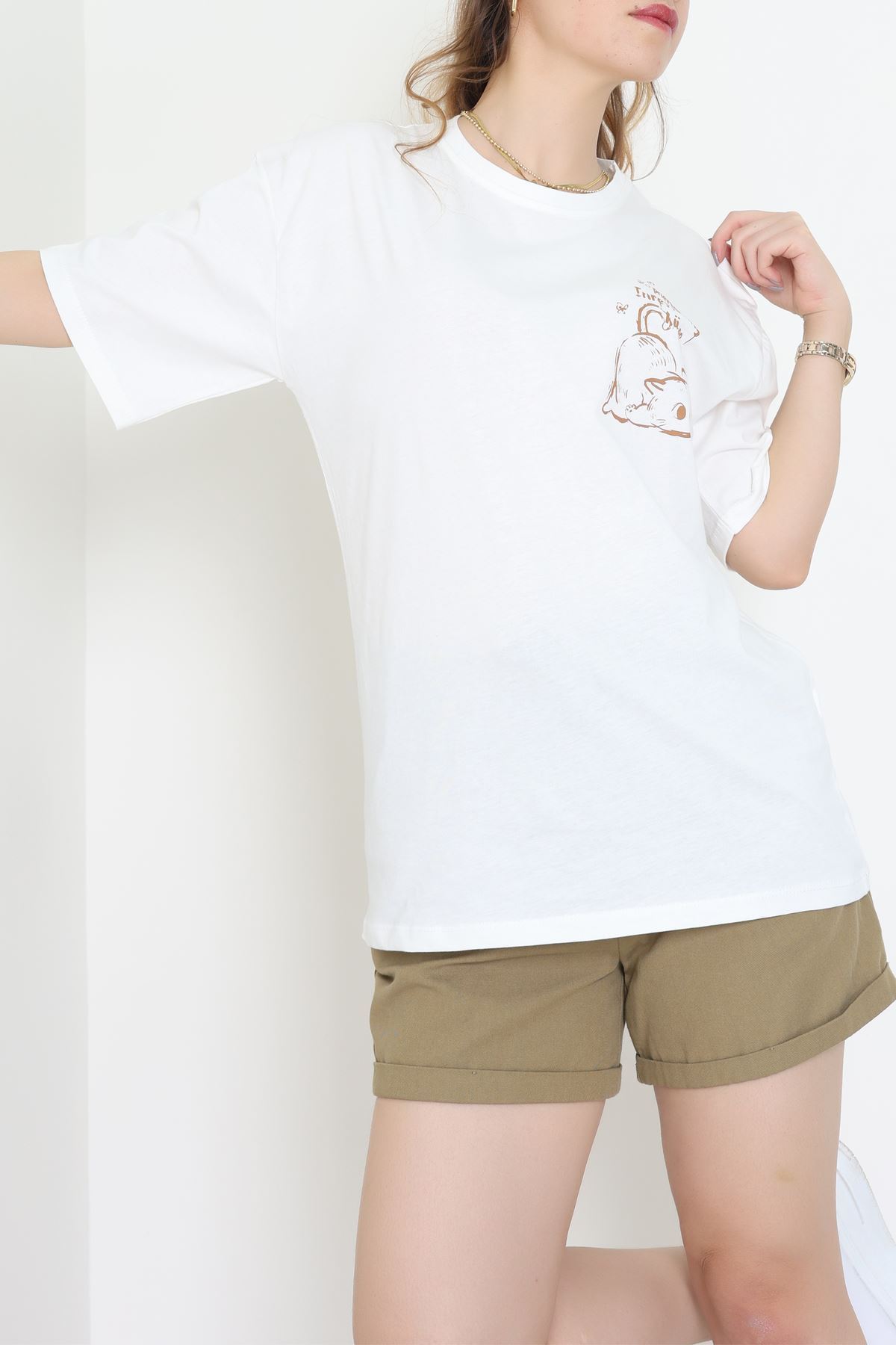 Kompakt Penye Unisex Tişört Beyazkahve - 55064.1872.