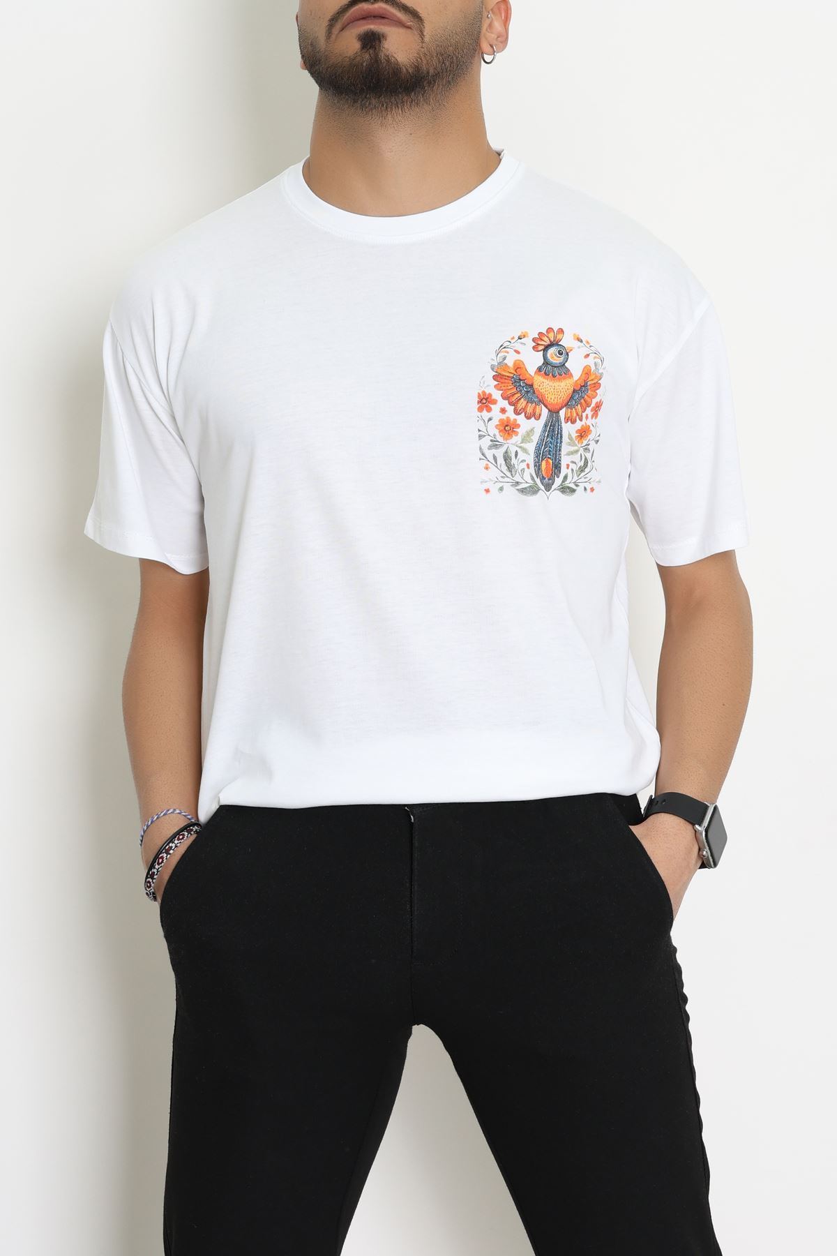 Kompakt Penye Unisex Tişört Beyazturuncu - 55064.1872.