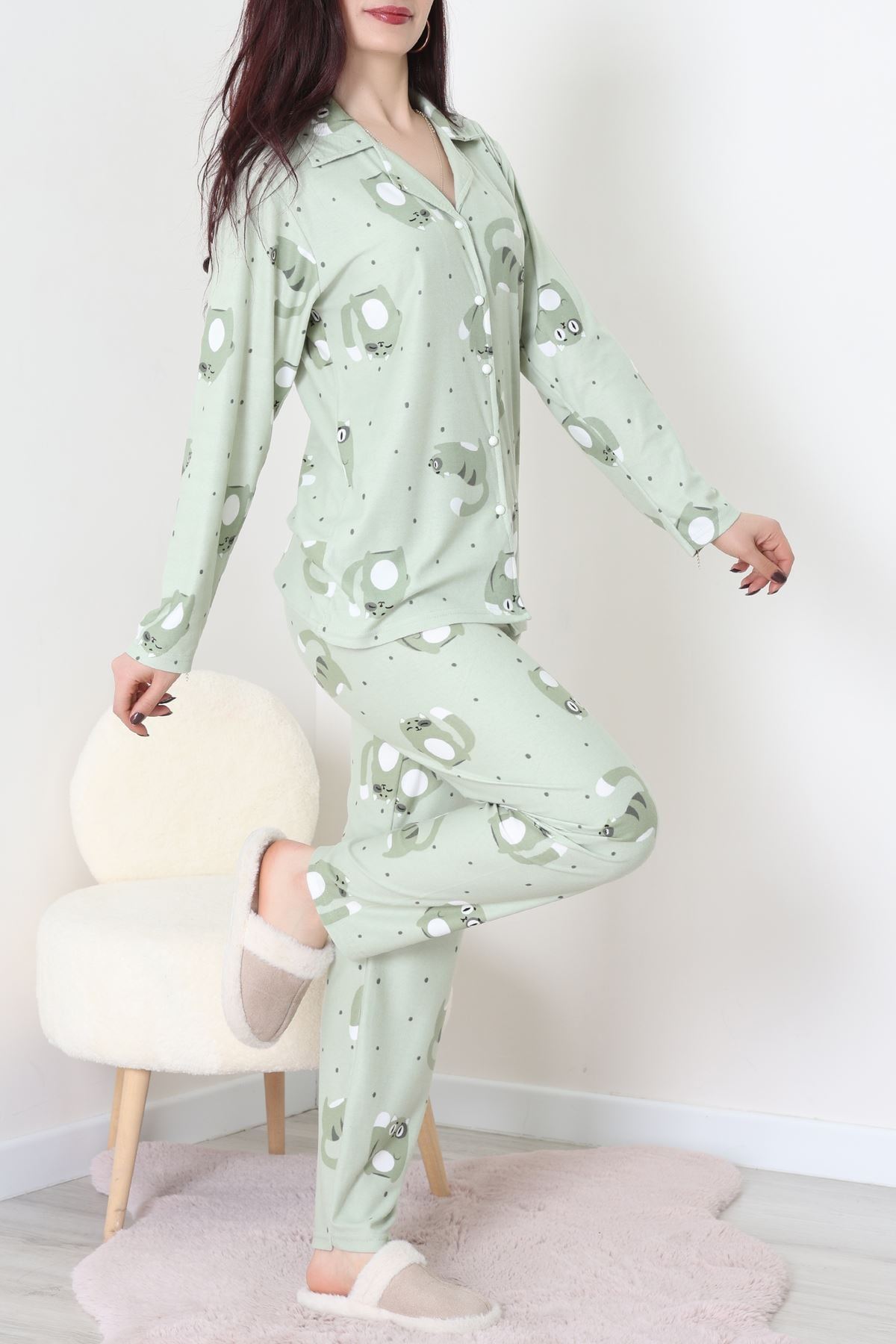 Süet Düğmeli Pijama Takımı Yeşil - 31876.1049.
