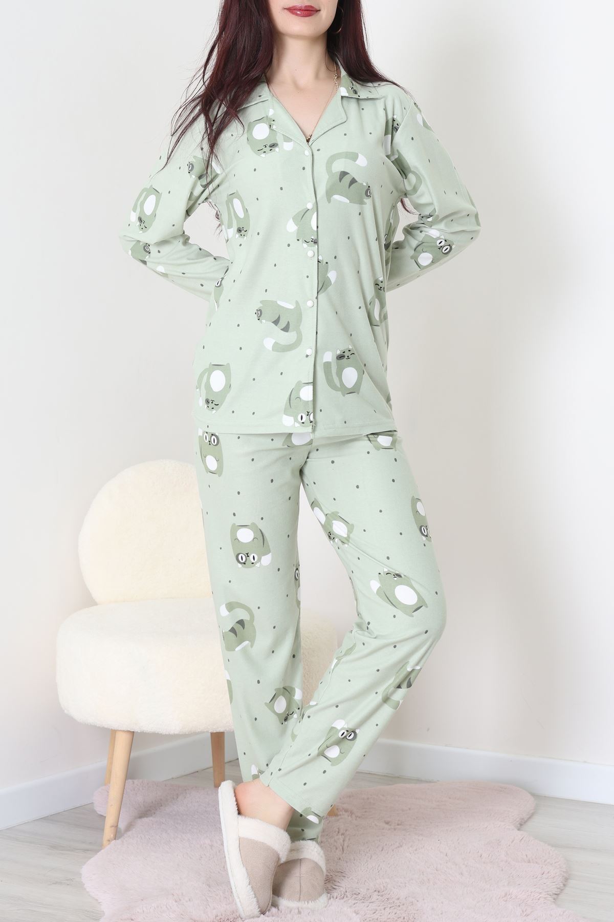 Süet Düğmeli Pijama Takımı Yeşil - 31876.1049.