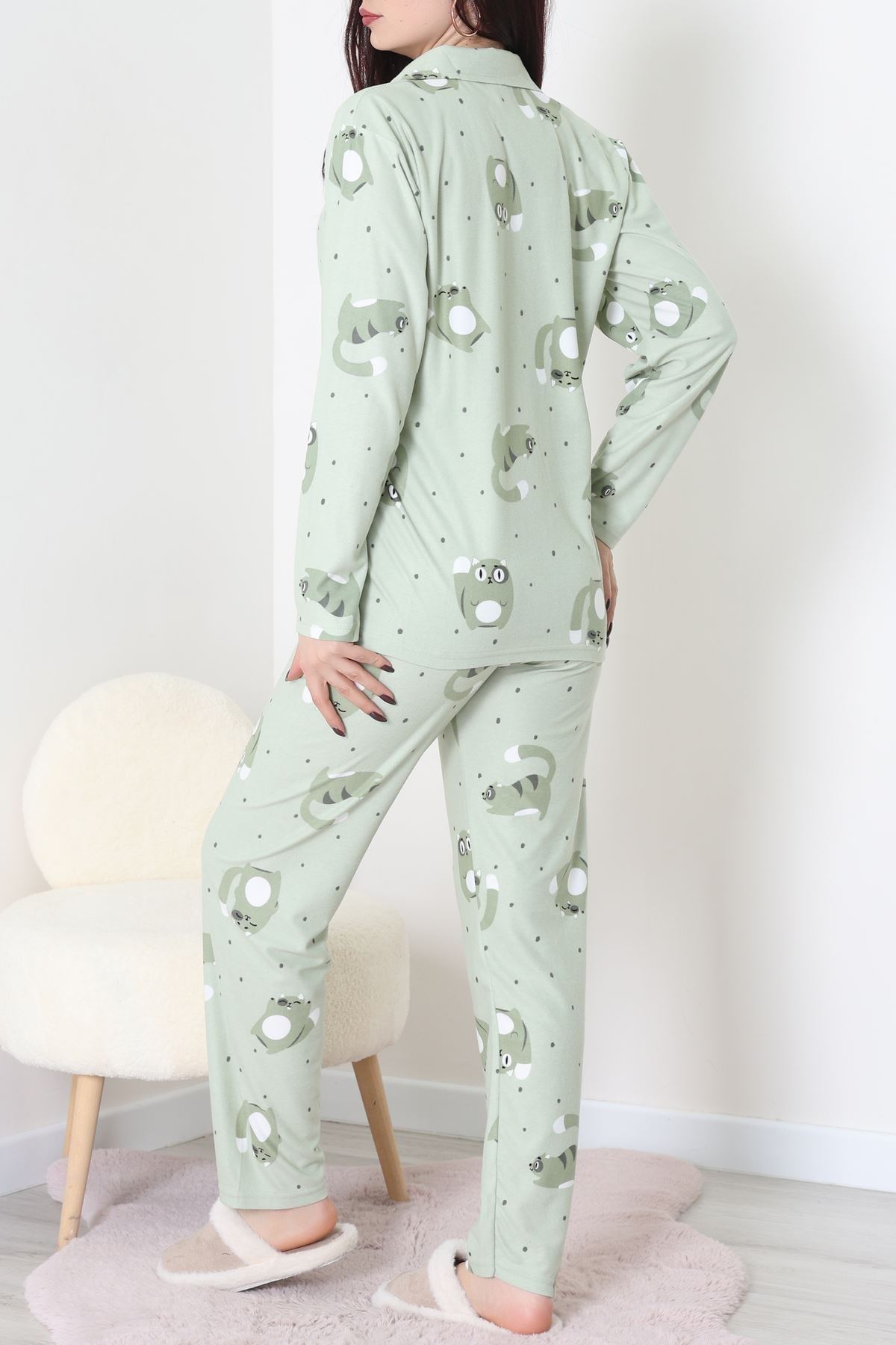 Süet Düğmeli Pijama Takımı Yeşil - 31876.1049.