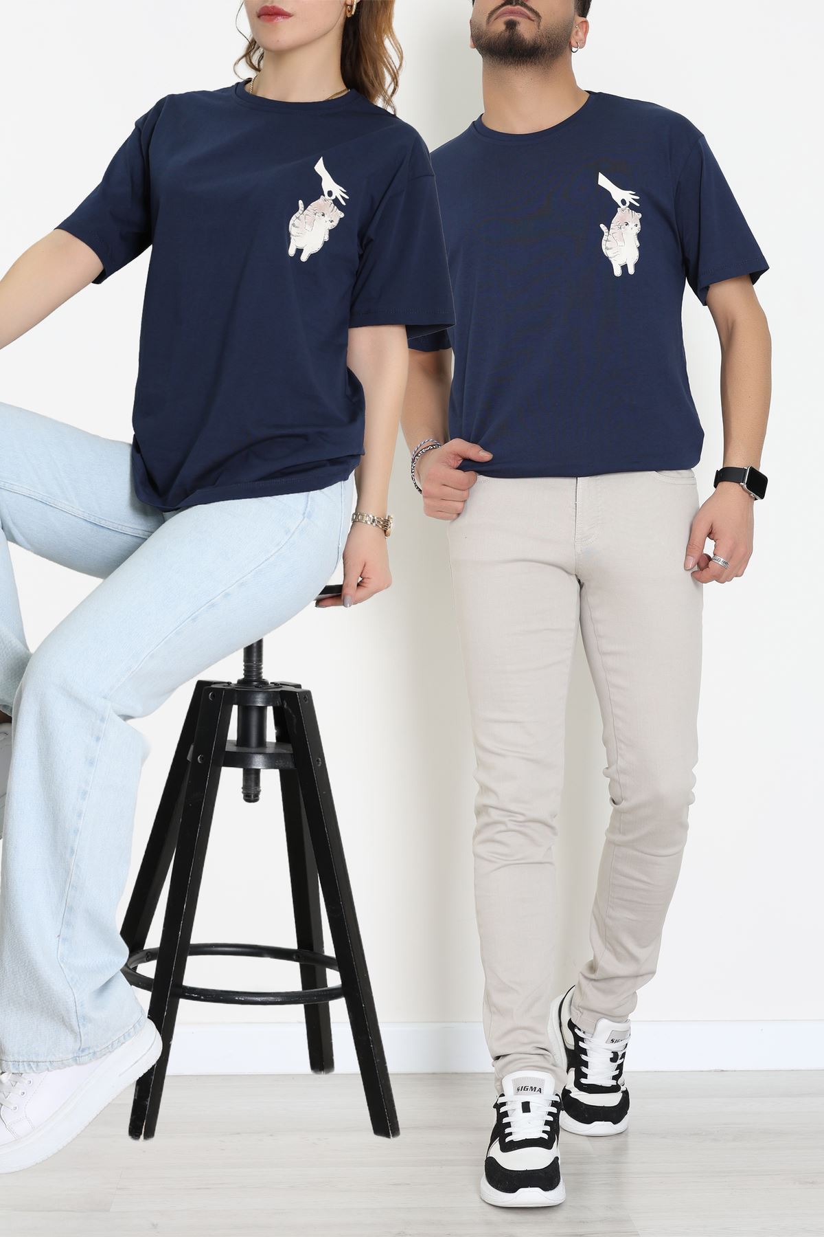 Kompakt Penye Unisex Tişört Lacivertkrem - 55064.1872.