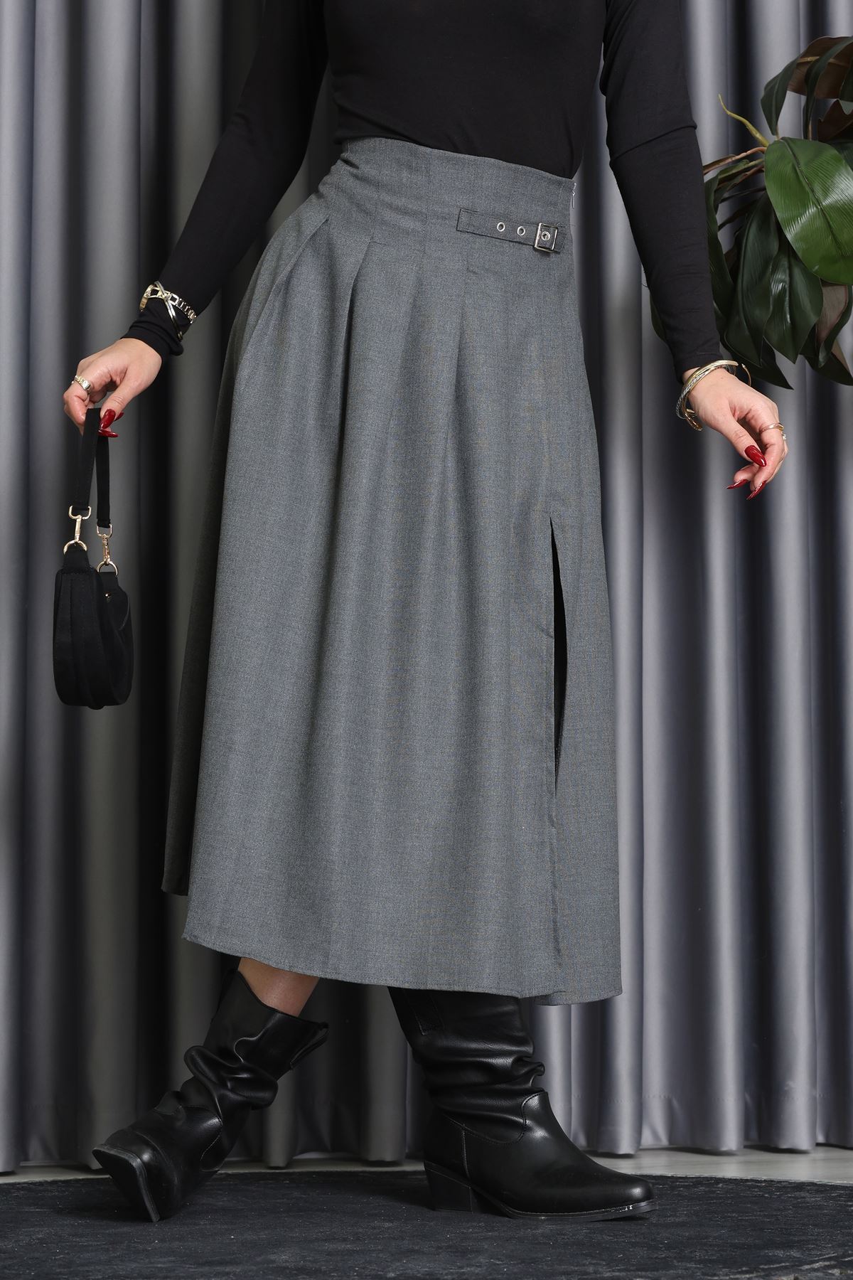 Poliviskon Pileli Kemer Detaylı Etek Antrasit - 70903.1434.