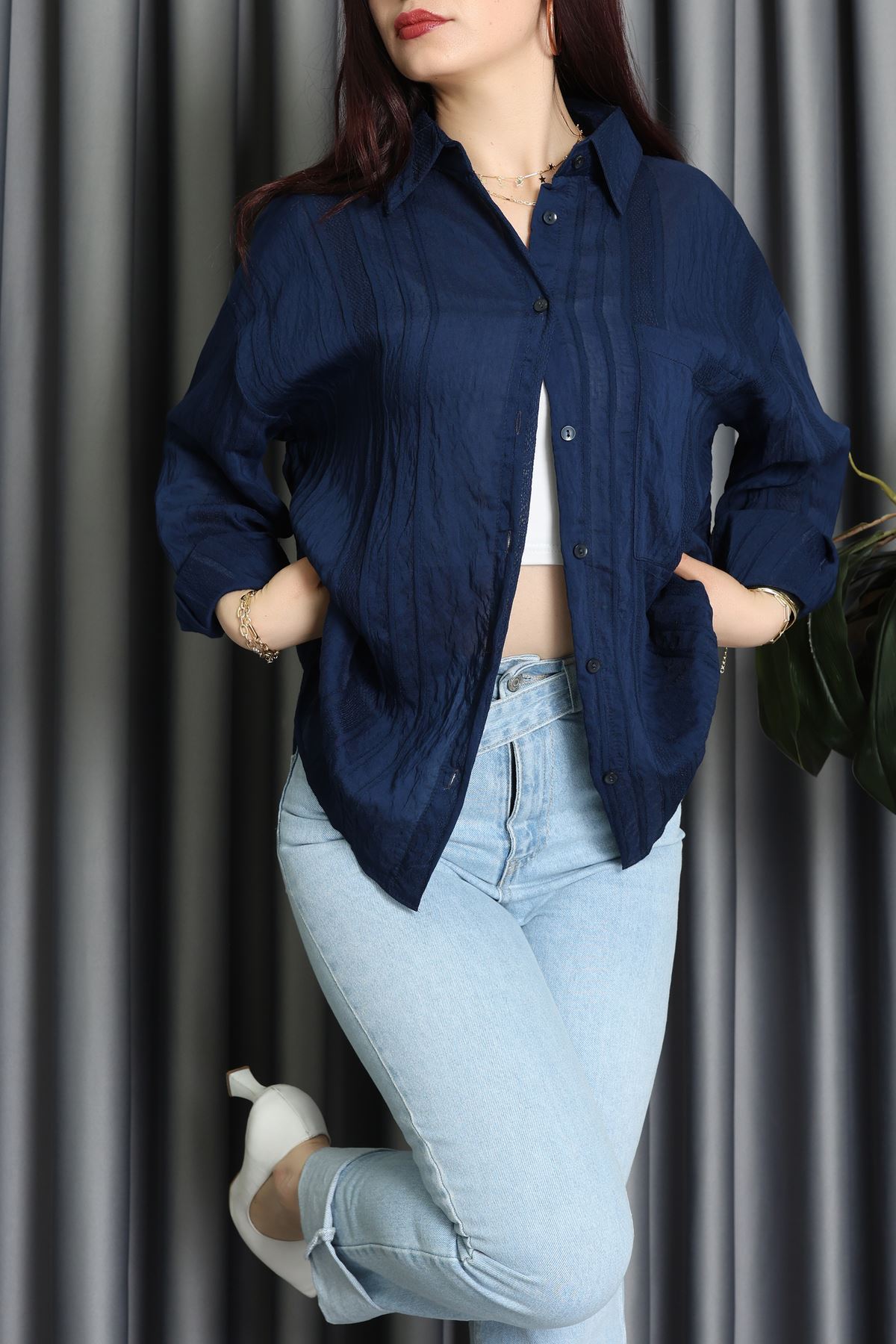 Geniş Çizgili Buklet Oversize Gömlek Laci - 70995.1934.