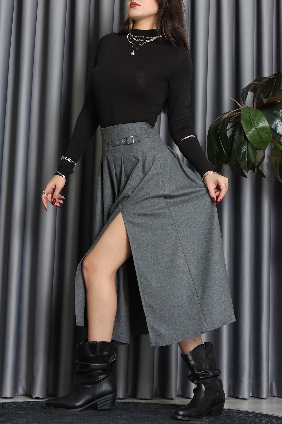 Poliviskon Pileli Kemer Detaylı Etek Antrasit - 70903.1434.