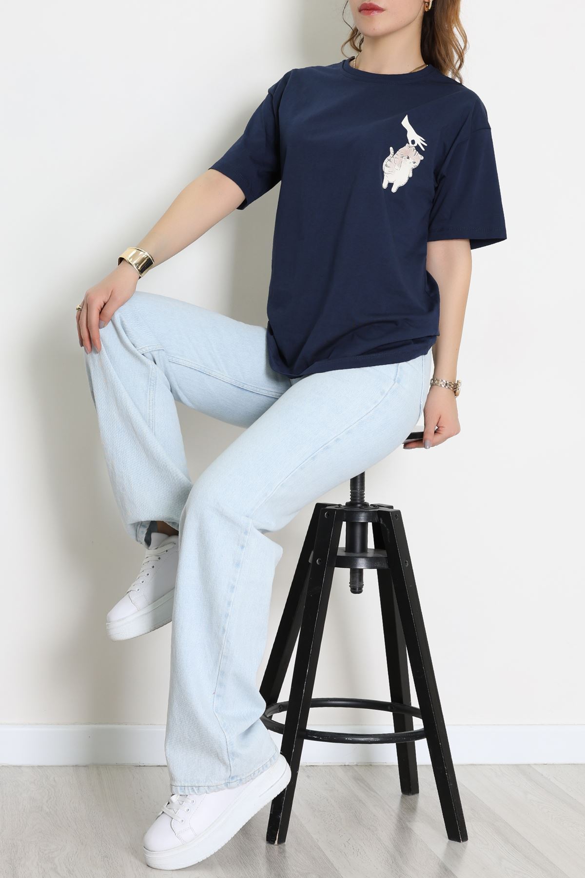 Kompakt Penye Unisex Tişört Lacivertkrem - 55064.1872.