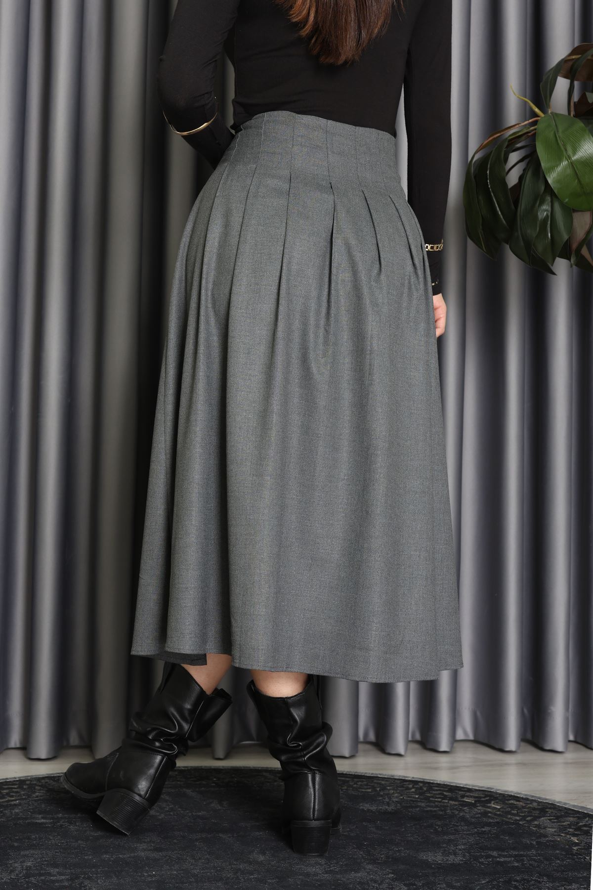 Poliviskon Pileli Kemer Detaylı Etek Antrasit - 70903.1434.