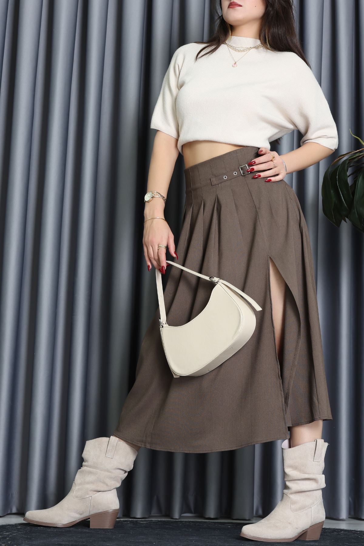 Poliviskon Pileli Kemer Detaylı Etek Kahve - 70903.1434.