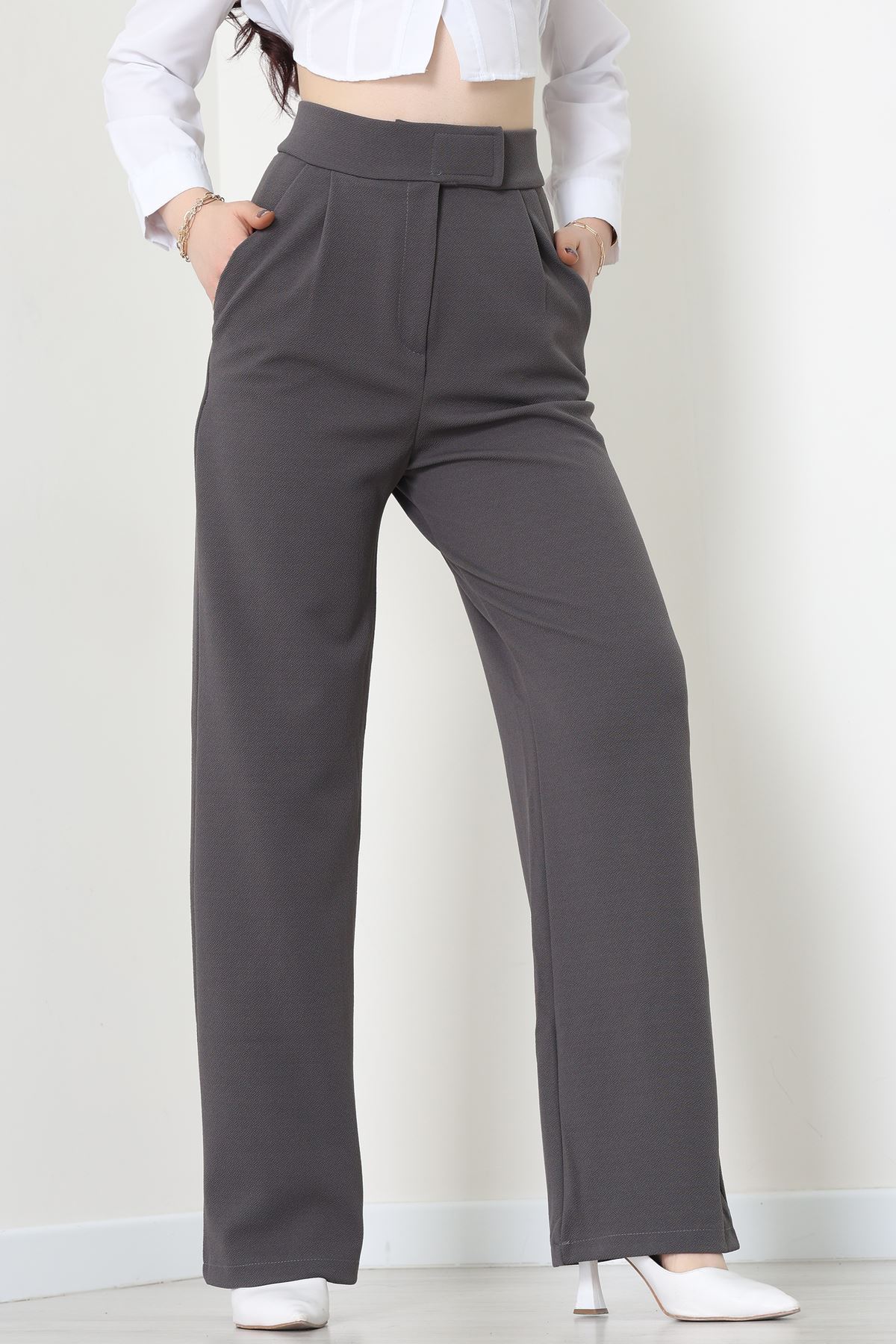 Kemer Cırtlı Krep Pantolon Koyufüme - 20255.1865.