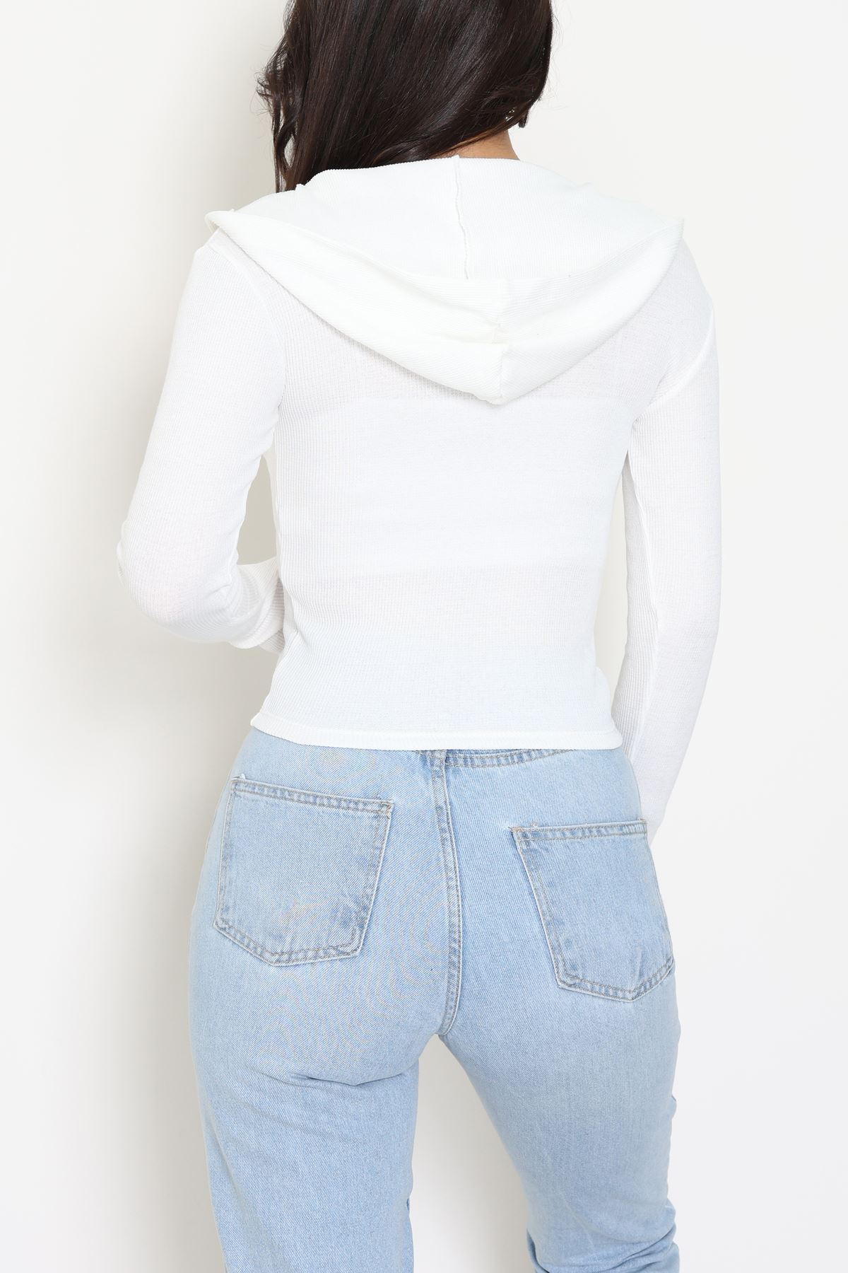 Kapşonlu Parmak Geçmeli Body Beyaz - 70769.1567.