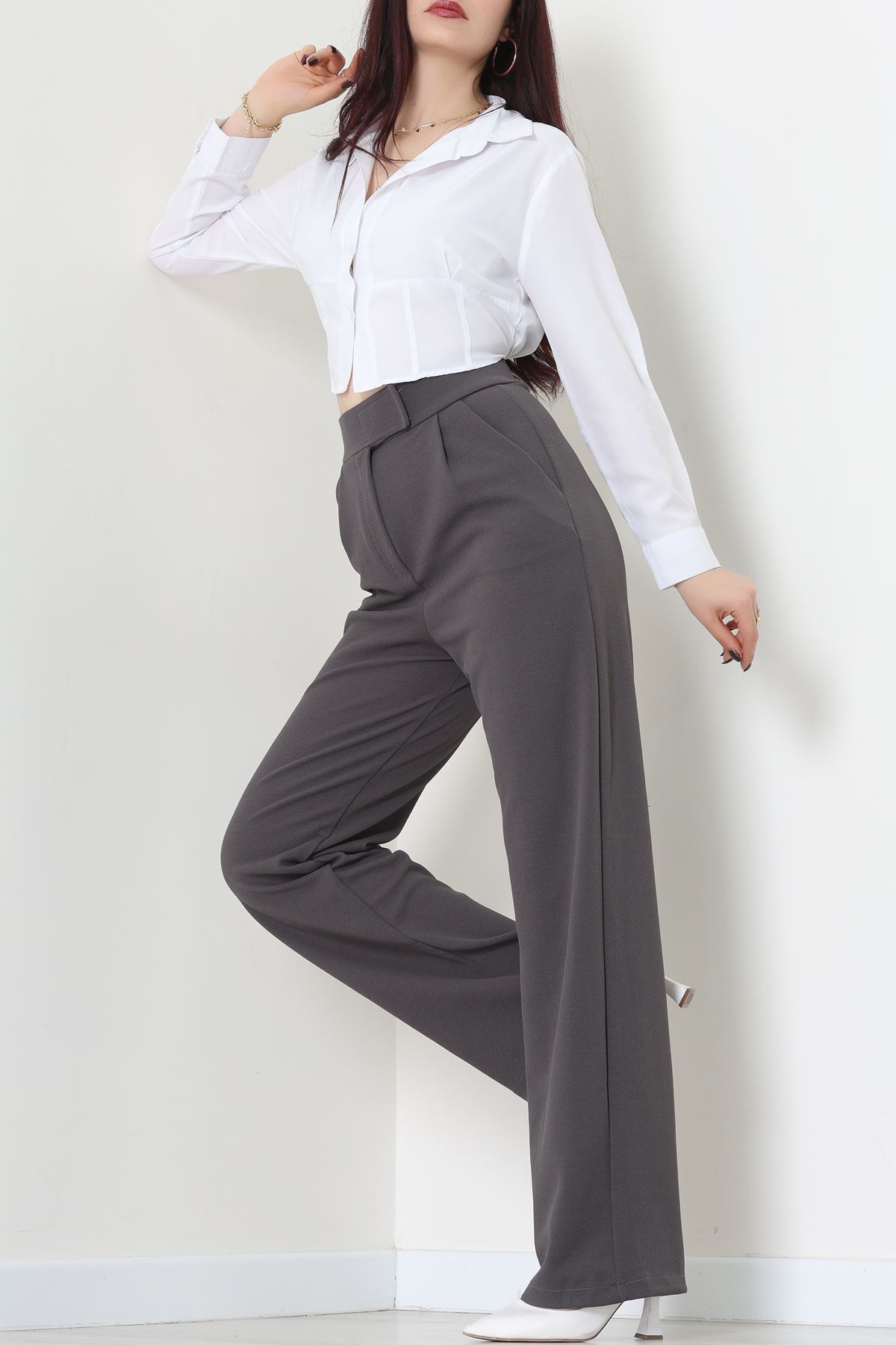 Kemer Cırtlı Krep Pantolon Koyufüme - 20255.1865.