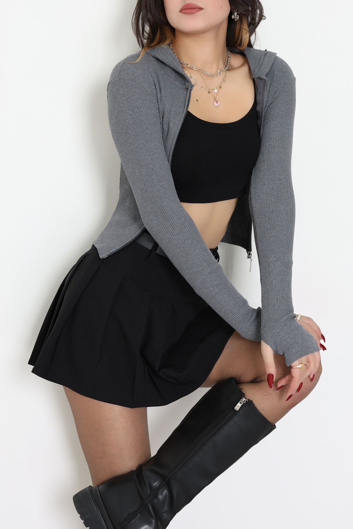 Kapşonlu Parmak Geçmeli Body Antrasit - 70769.1567.