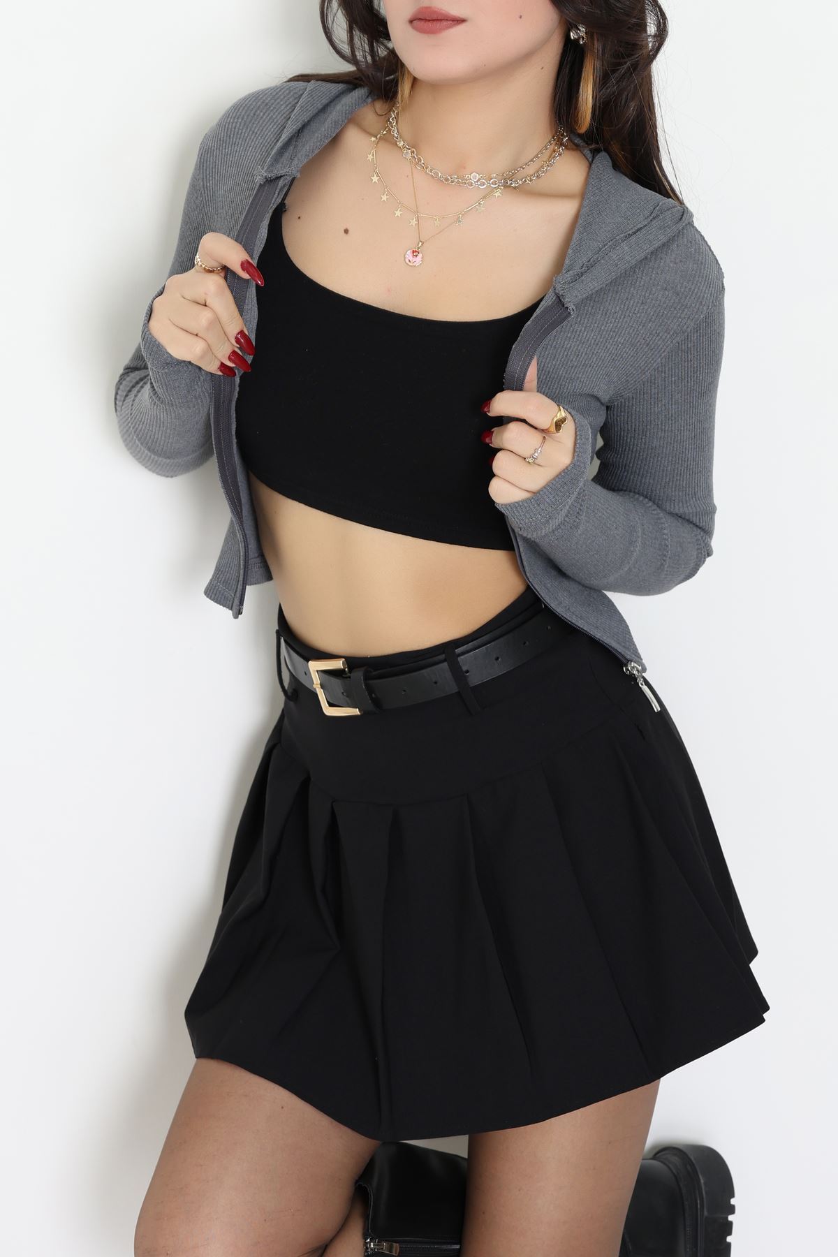 Kapşonlu Parmak Geçmeli Body Antrasit - 70769.1567.