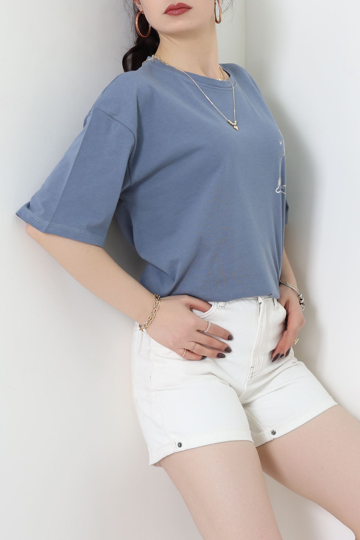 Kompakt Penye Unisex Tişört İndigo - 55064.1872.