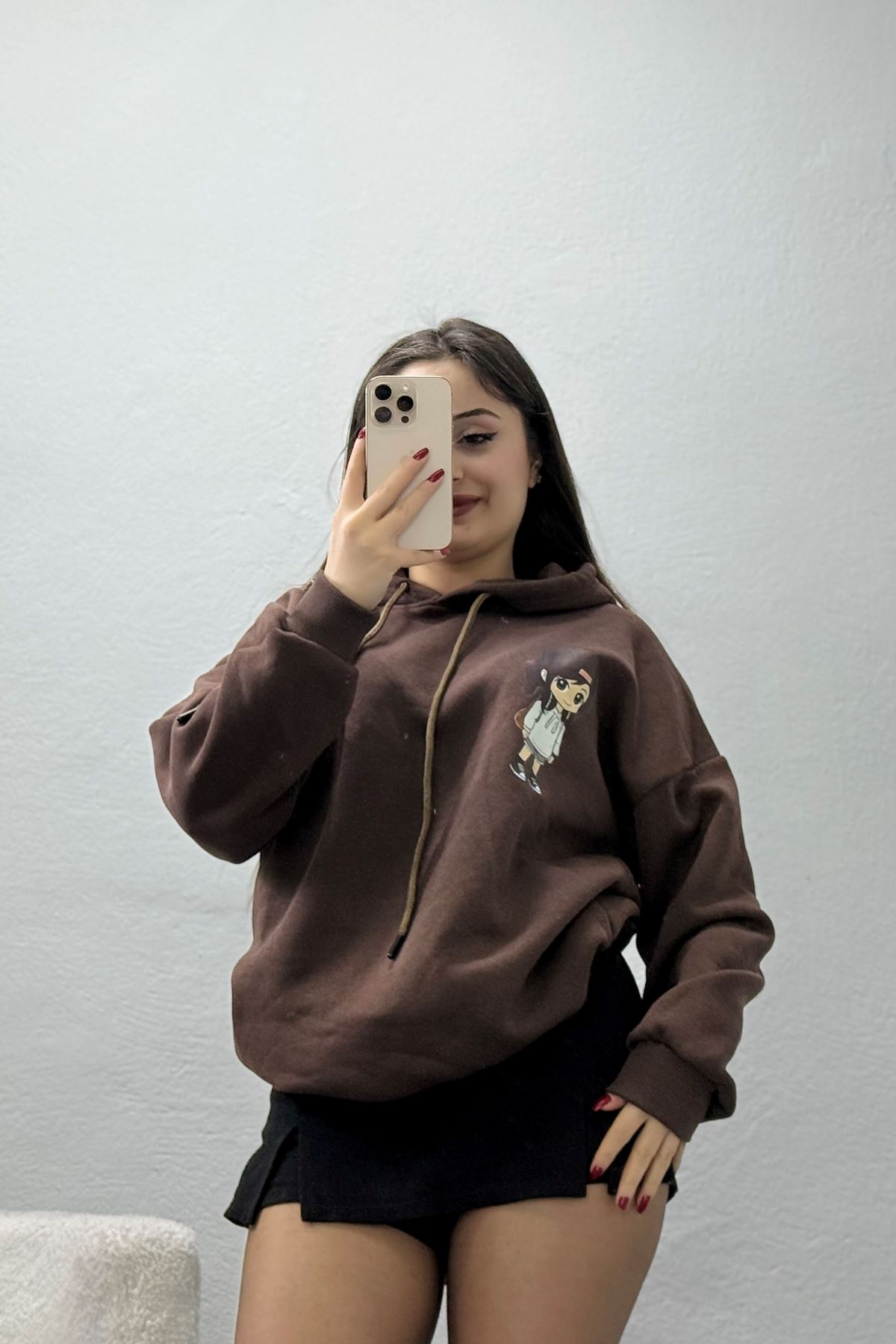 3 İplik Kapşonlu Baskılı Sweat Kahve - 42222.1878.