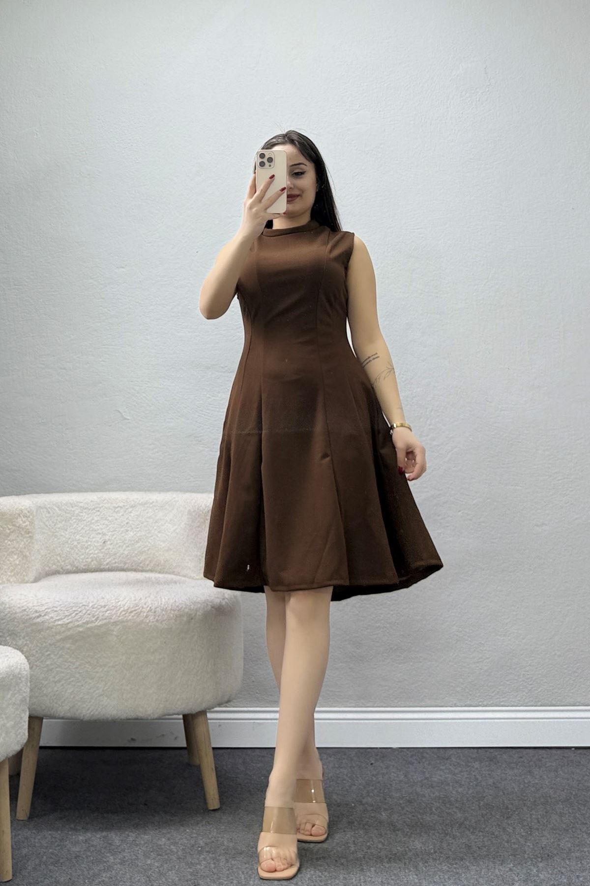 Dik Yaka İthal Krep 11 Parça Mini Elbise Acıkahve - 70816.1592.
