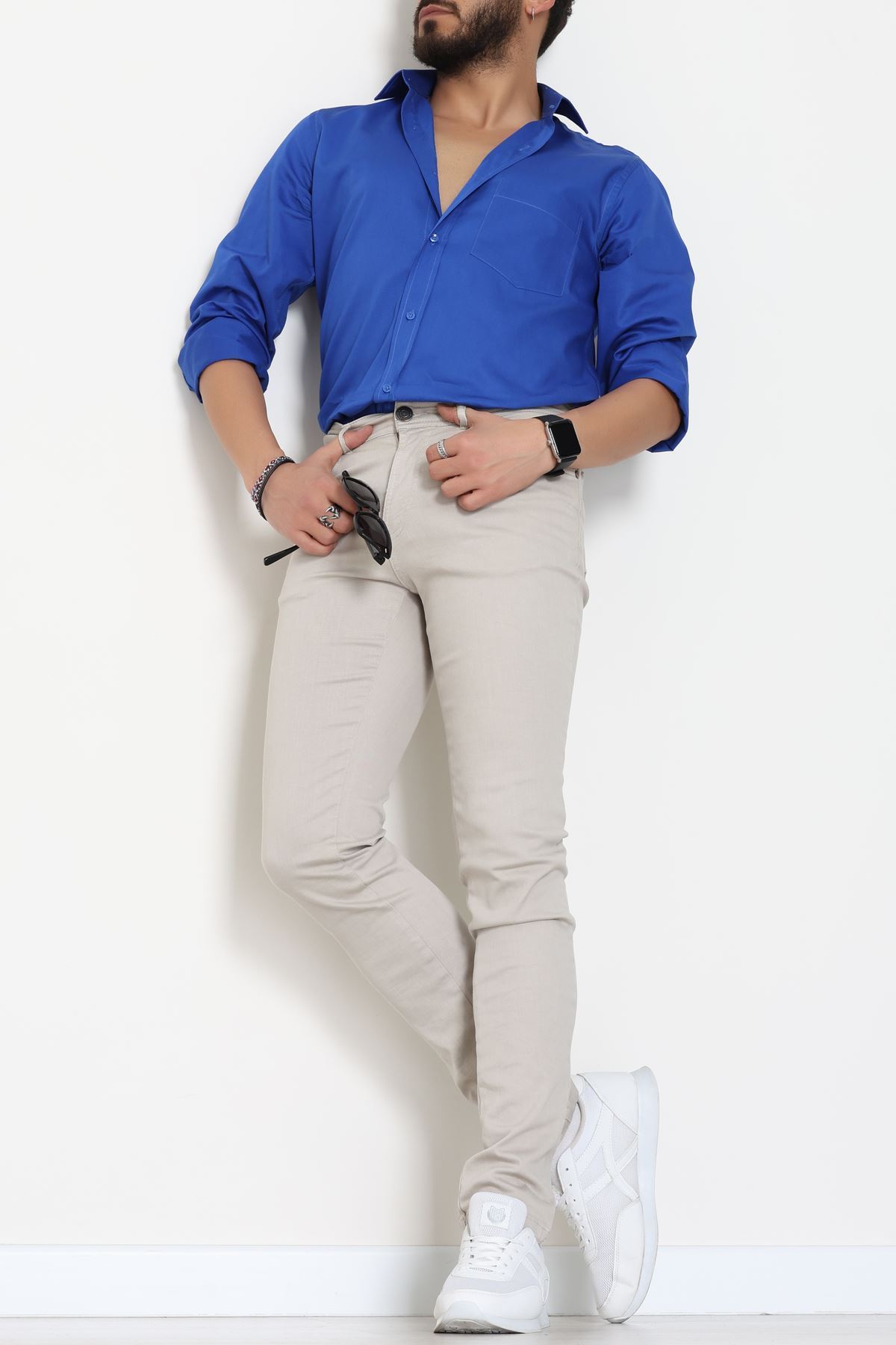 Klasik Pamuklu Erkek Cepli Slimfit Gömlek Saks - 70877.1970.