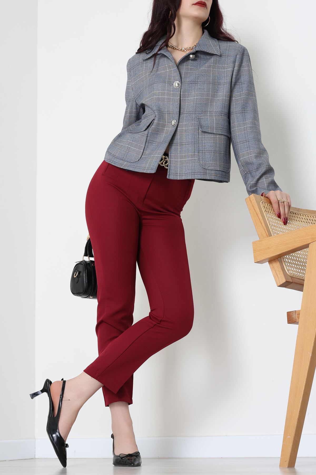 Ekose Düğme Detay Ceket Lacivert - 6311.001.