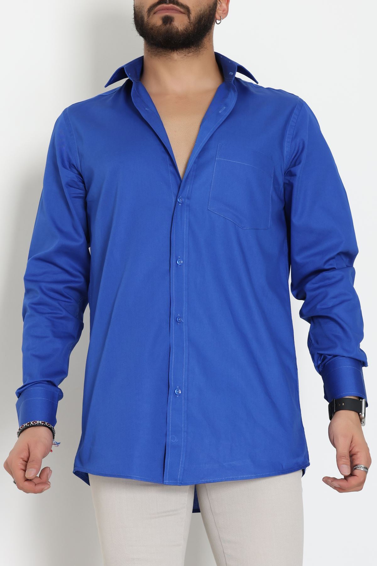 Klasik Pamuklu Erkek Cepli Slimfit Gömlek Saks - 70877.1970.