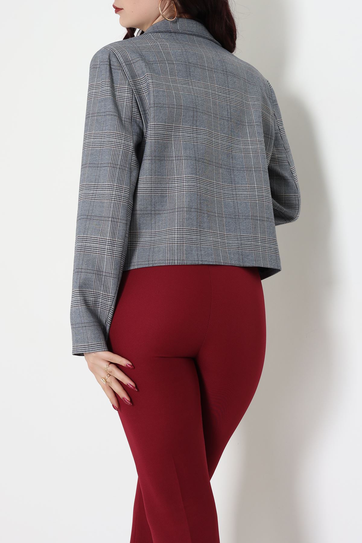 Ekose Düğme Detay Ceket Lacivert - 6311.001.