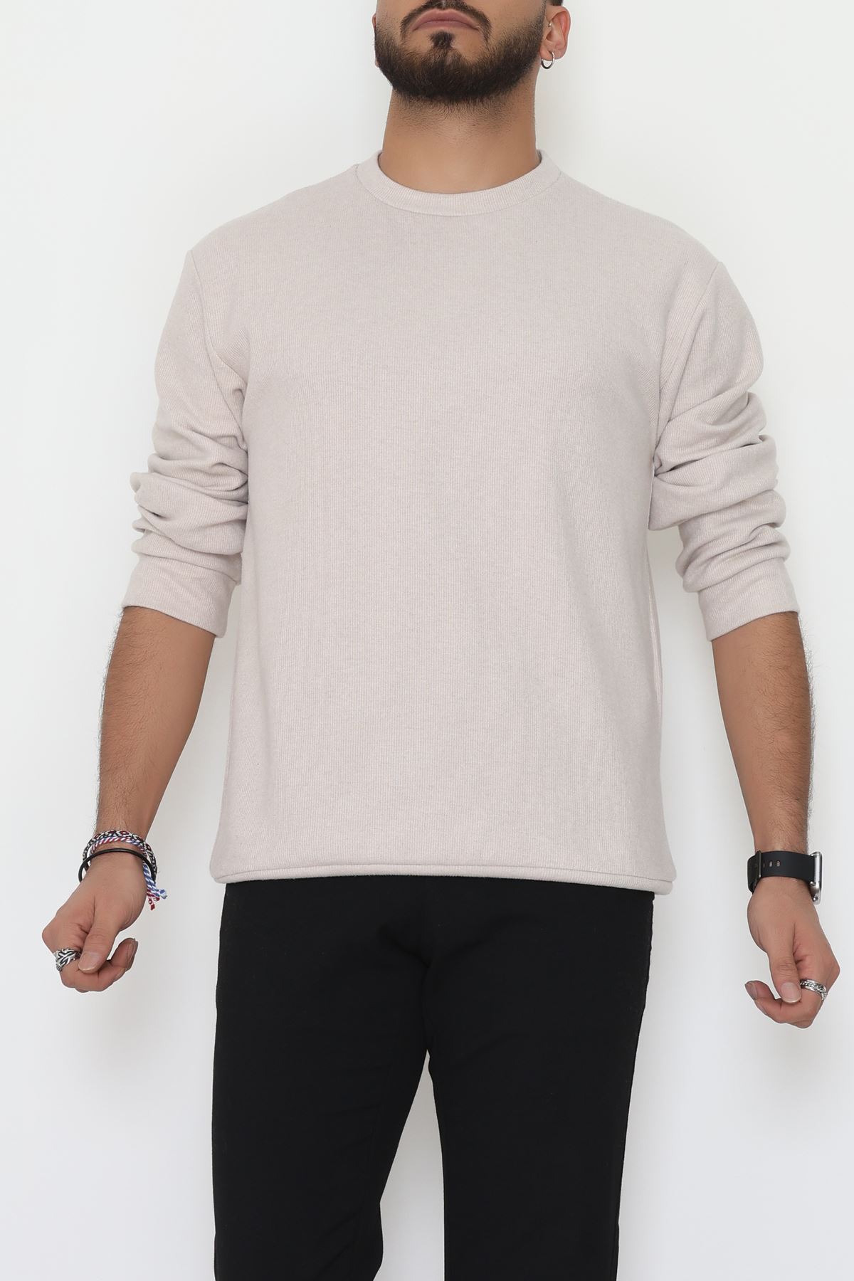 Bisiklet Yaka Selanik Kumaş Erkek Sweat Bej - 42674.1567.