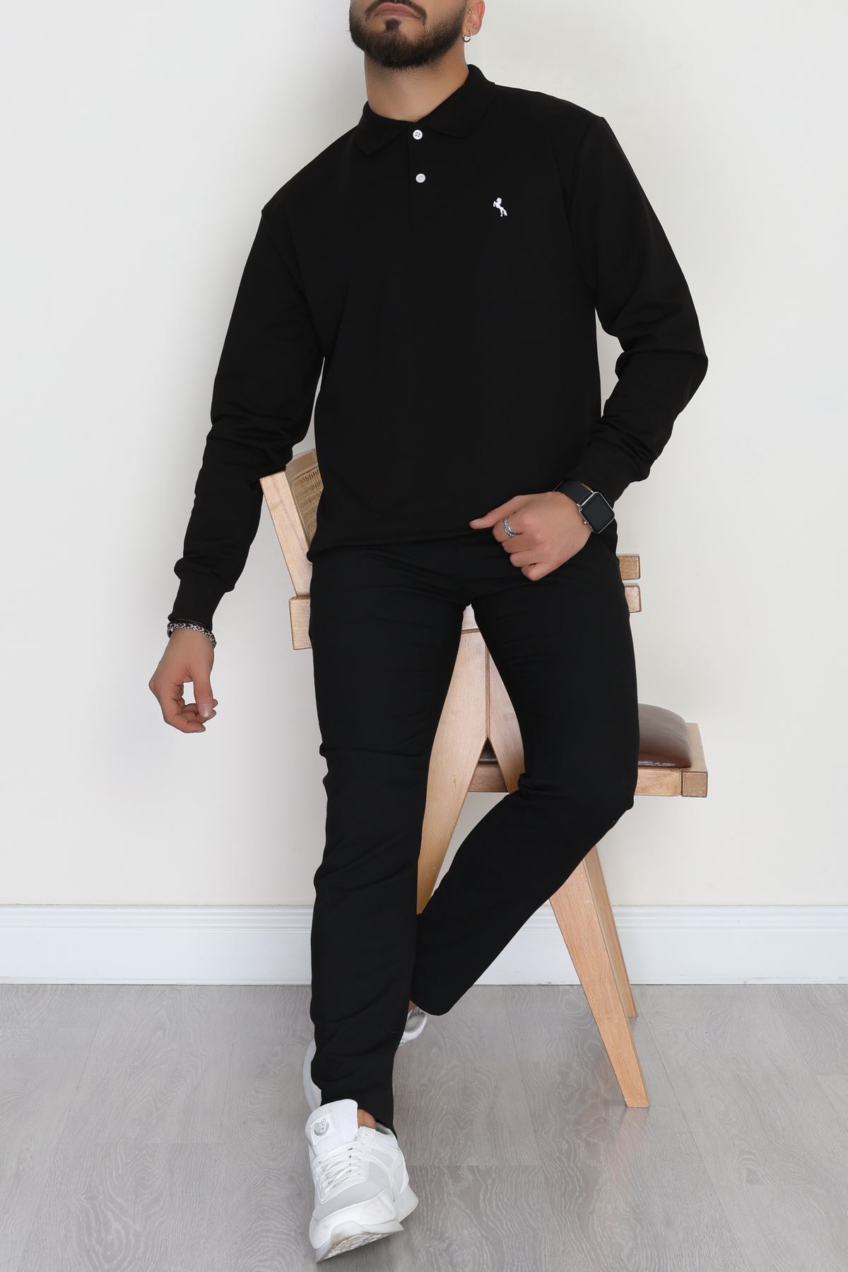 2 İplik Likralı Polo Yaka Erkek Sweat Siyah - 42743.2087.