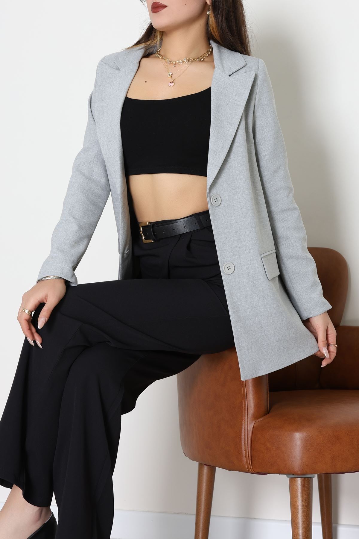 Astarlı Poliviskon Blazer Ceket Gri - 31823.1397.