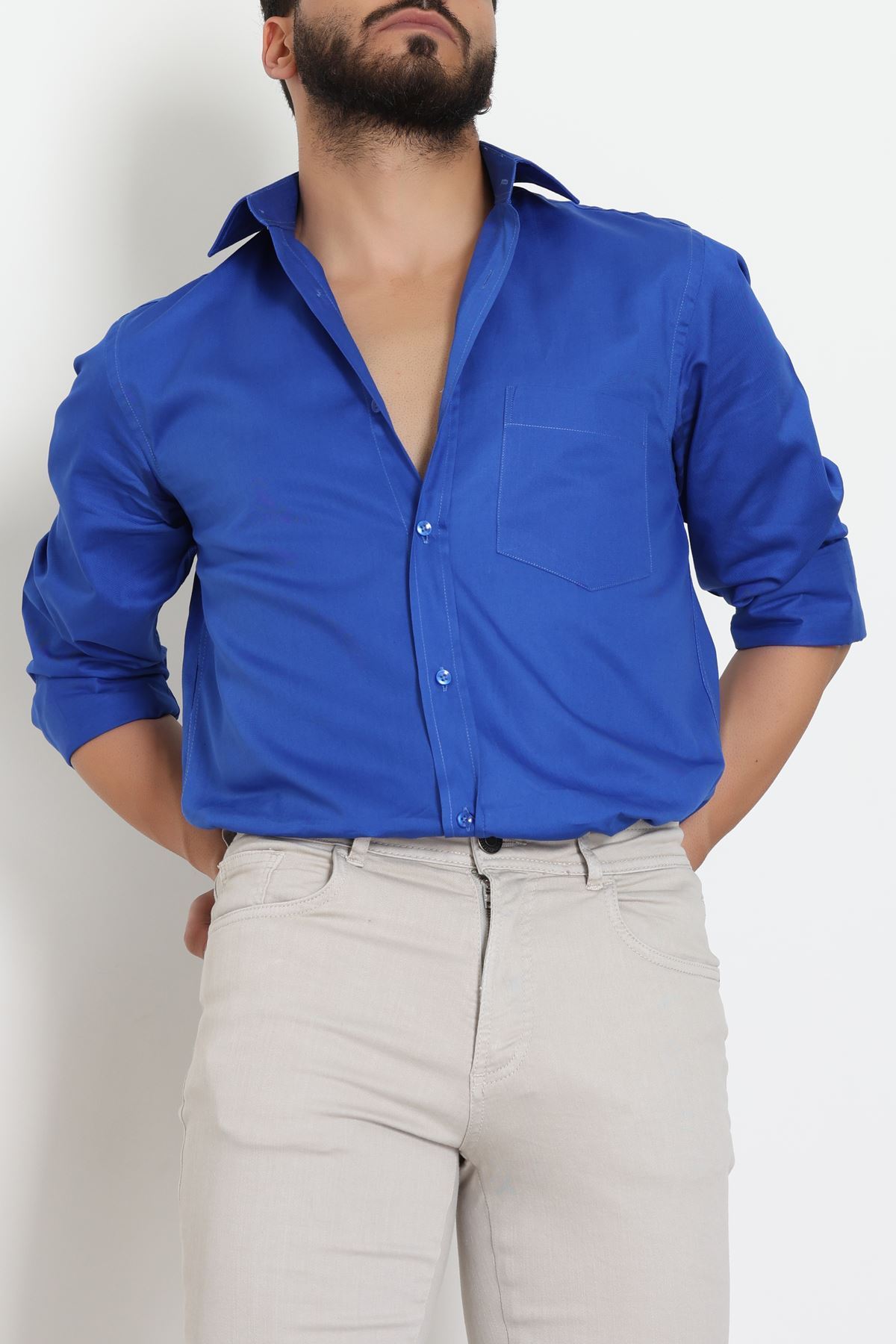 Klasik Pamuklu Erkek Cepli Slimfit Gömlek Saks - 70877.1970.