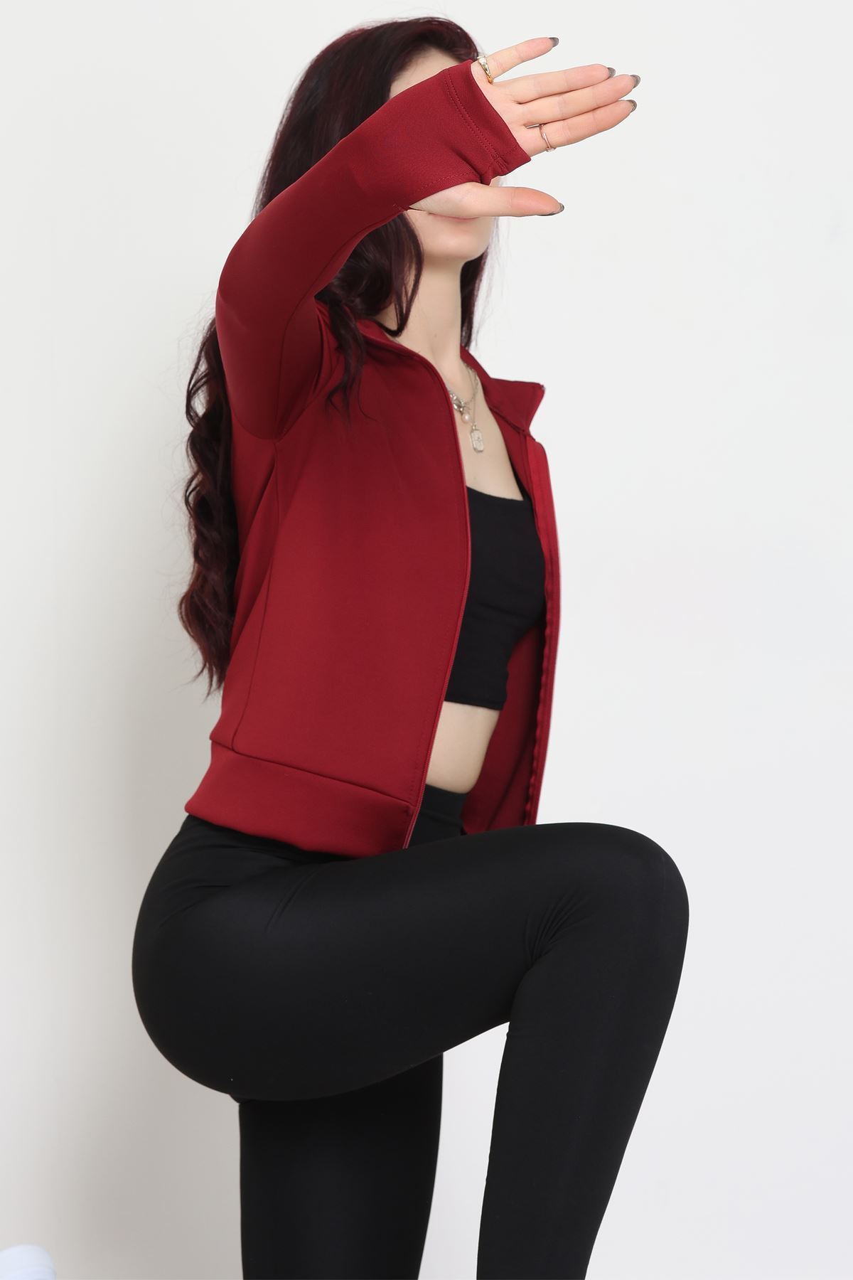 Double Krep Kumaş Parmak Geçmeli Baskılı Ceket Bordo - 42783.1567.